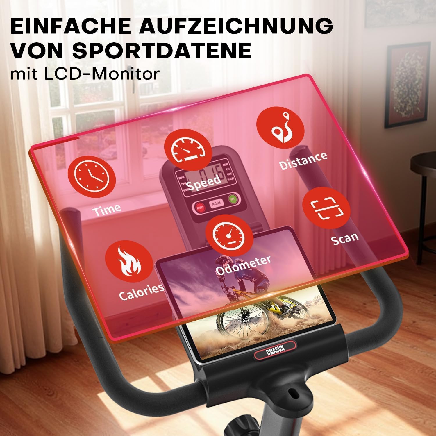 DMASUN Leises Ergometer-Heimtrainer-Fahrrad mit 0-100 % Widerstand, Display & Tablet-Halterung, Cardio-Training-Indoor-Cycling-Fahrrad mit bequemem Sitz, bis zu 160 kg – Bild 5