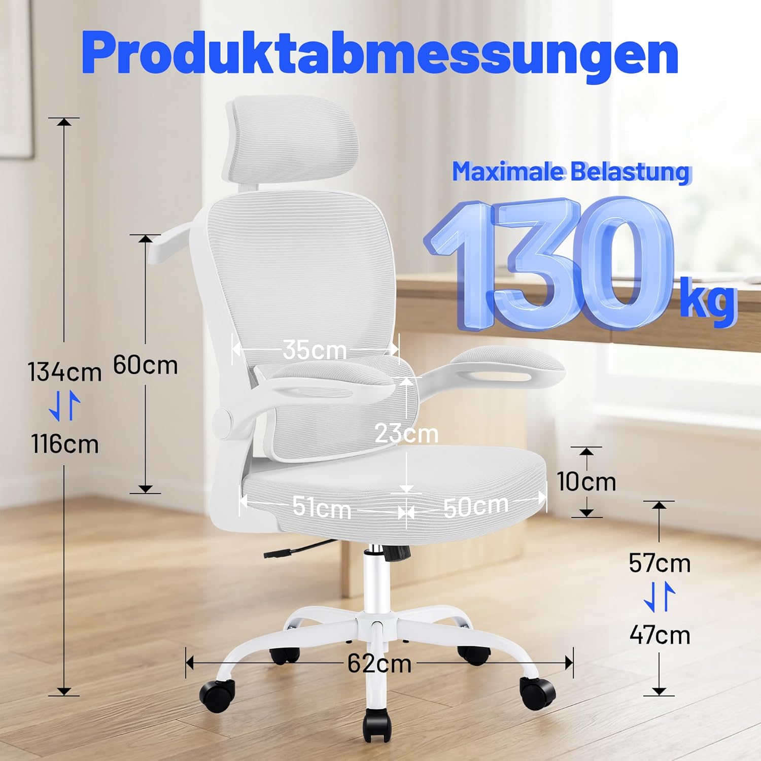 Ergonomischer Bürostuhl mit Kopfstütze, verstellbarer Lordosenstütze & Netzbezug, höhenverstellbarer Drehstuhl bis 150 kg, Computerstuhl ideal für Büro und Home Office, Weiß – Bild 2