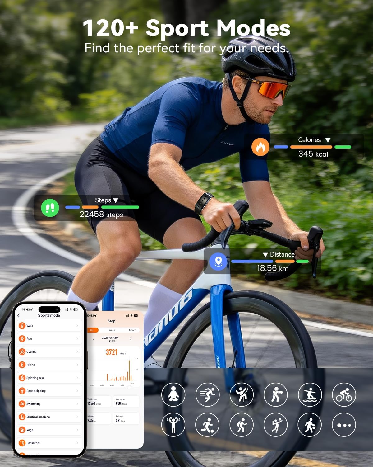 Fitness-Tracker ohne Display, Smartband, 24/7-Aktivitäts-Schlaf-Tracker mit Herzfrequenz, Menstruationszyklus, SpO2, Schrittzähler mit 35-Tage-Akku, 120+ Sportmodi, AI-Analyse, IP68 wasserdicht, Nr – Bild 5