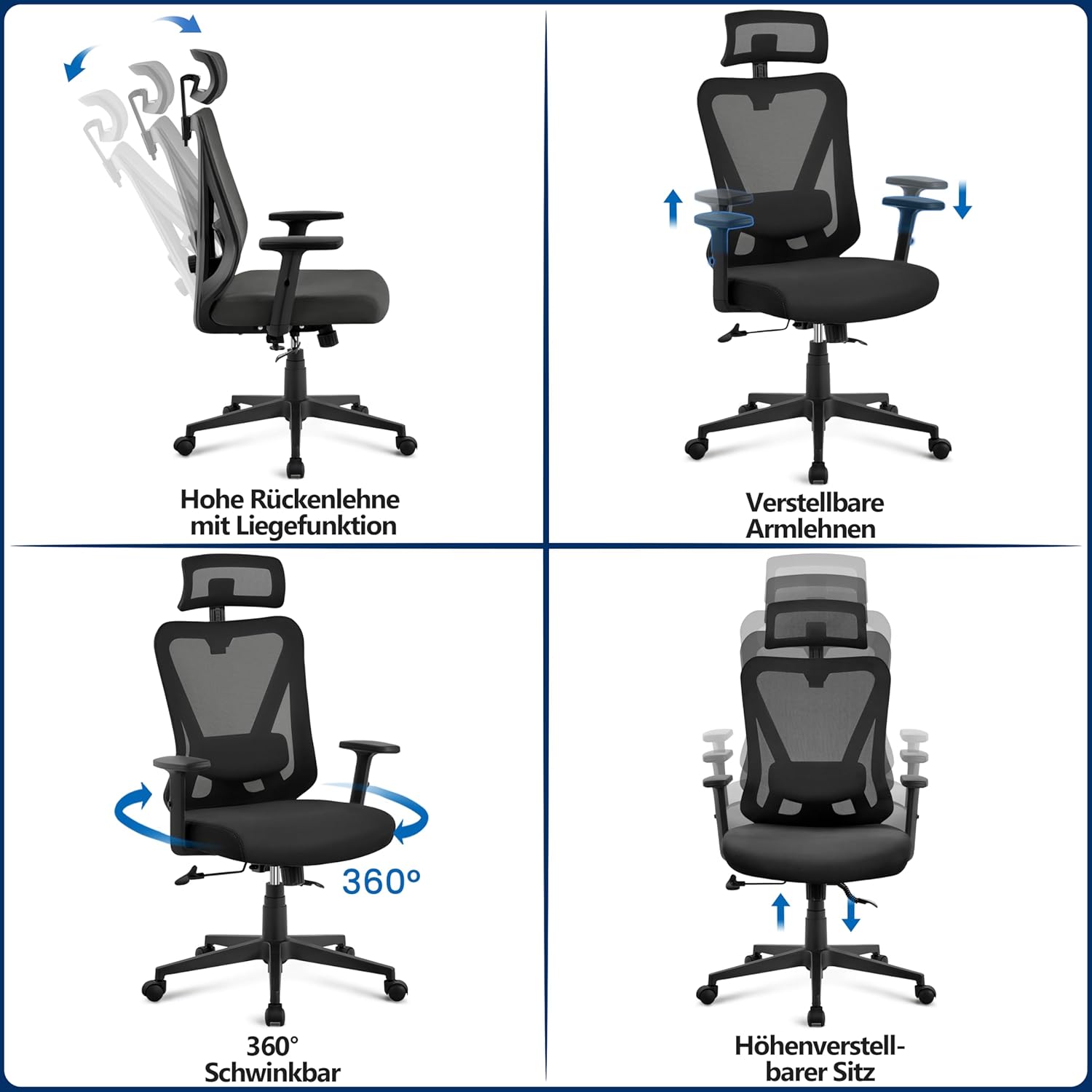 Yaheetech Bürostuhl, ergonomischer Schreibtischstuhl mit verstellbarer Kopfstütze und Lordosenstütze, atmungsaktiver Netzstuhl mit breiter Sitzfläche, S-förmige Rückenlehne, 360° drehbar, Schwarz – Bild 8