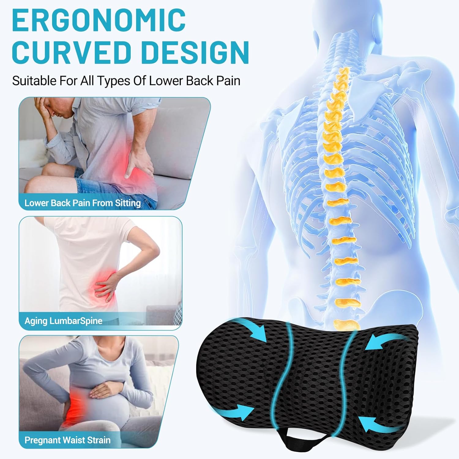 Lendenkissen aus Memory-Schaum, ergonomisches Rückenkissen, Lendenkissen, Rückenstützkissen mit atmungsaktivem Bezug & verstellbarem Gurt, Rückenkissen für Auto, Bürostuhl, Bett, Sofa (schwarz) – Bild 6