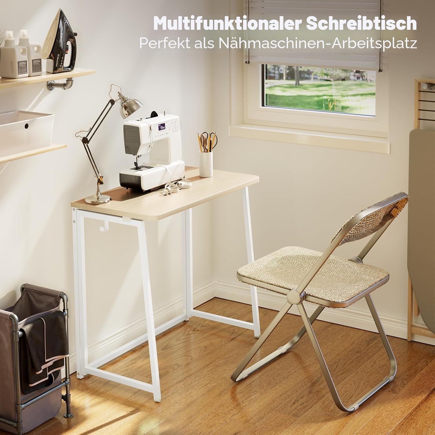 WOHOMO Kleiner Klappschreibtisch, 80 cm, Klappschreibtisch, kleiner Klapptisch, kleiner Computertisch für kleine Räume, Home-Office-Schreibtisch, schmal, Beige – Bild 5