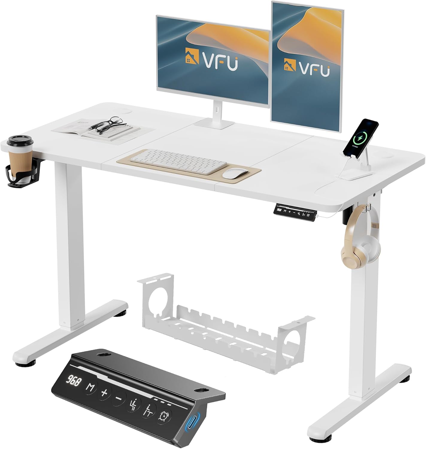 Höhenverstellbarer Schreibtisch, elektrischer Stehpult, Büro-Computertisch mit USB-C-Ladeanschluss und Memory-Funktion, Weiß Pro, 120 x 60 cm