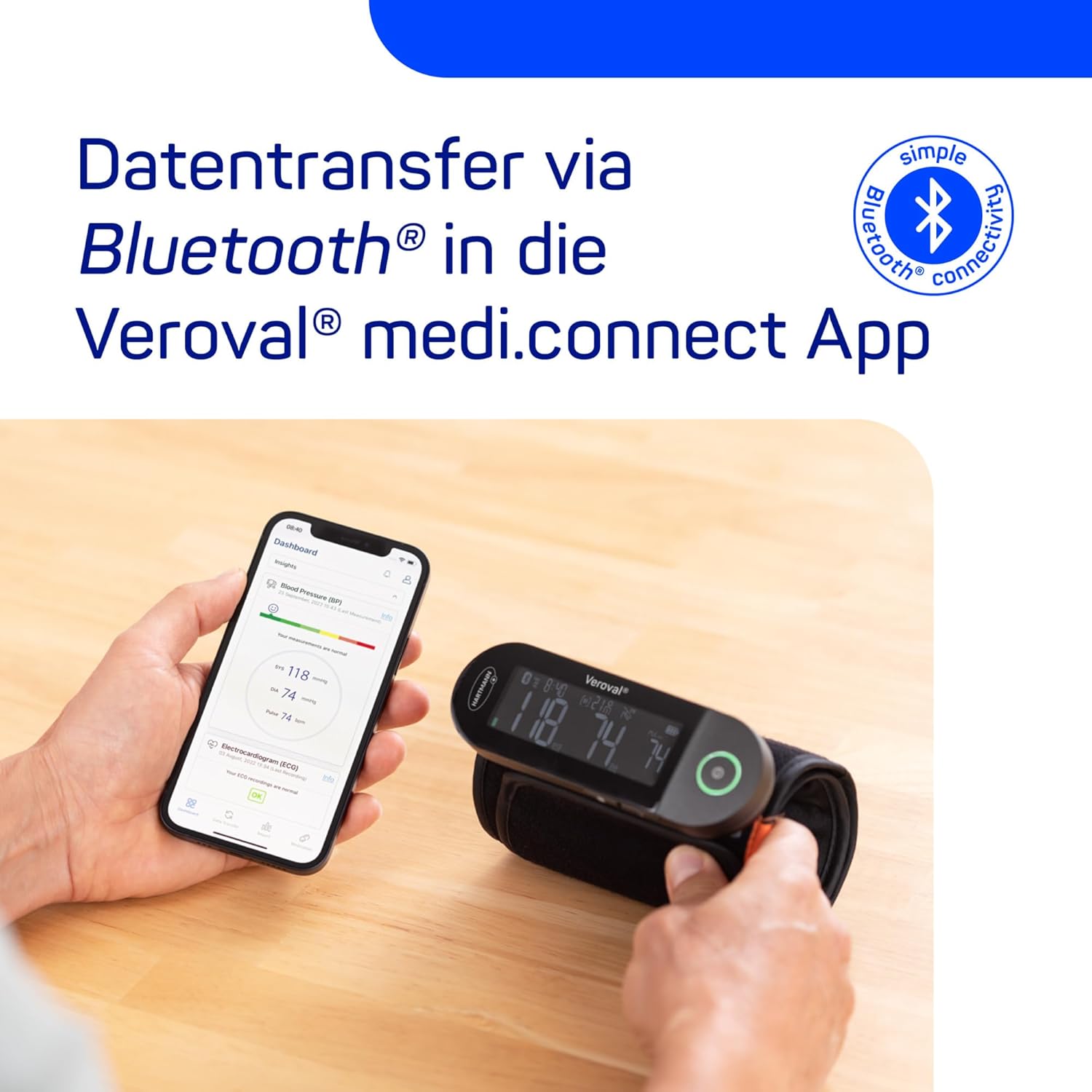 Veroval® fusion Oberarm-Blutdruckmessgerät ohne Kabel und Schläuche, digitales & vollautomatisches Blutdruckmessgerät mit Bluetooth® & Health App, Datenübertragung an Apple Health und Health – Bild 6
