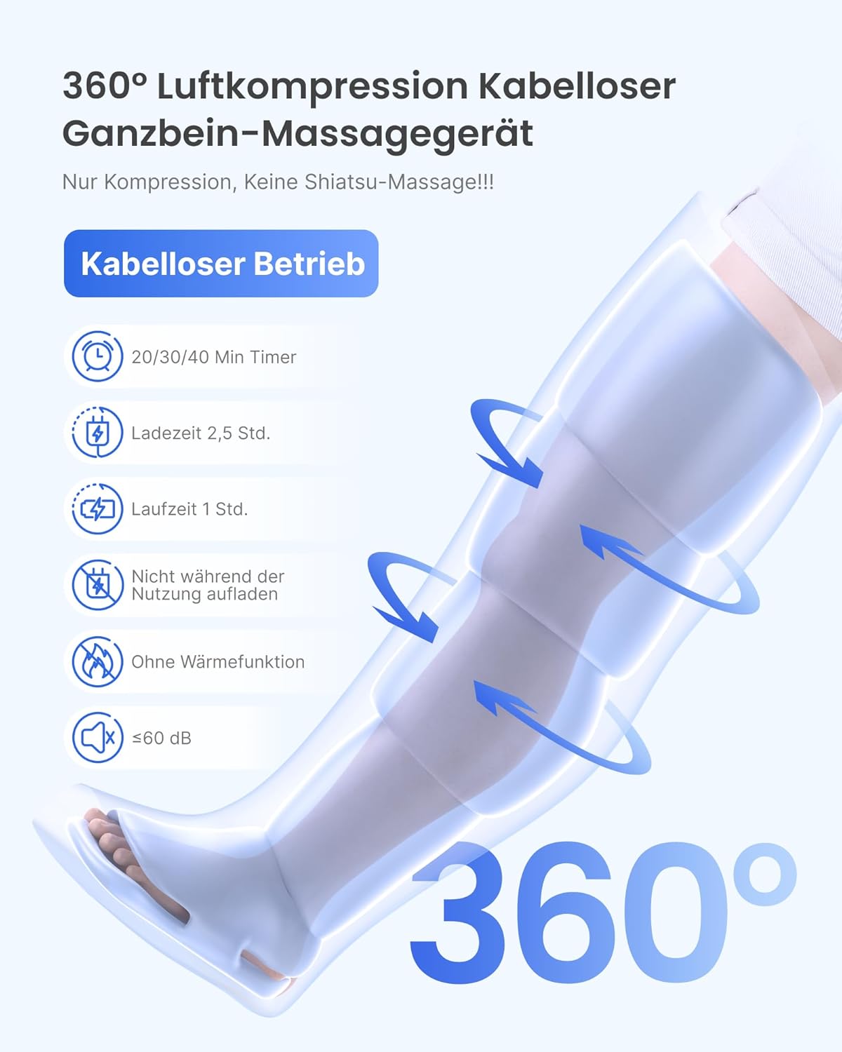 RENPHO Beinmassagegerät mit intelligentem Drucksensor, kabellose Luftkompressionsmassage zur Muskelentspannung, Fuß-, Waden- und Oberschenkelmassagegerät, Adapter nicht im Lieferumfang enthalten, 1 Stück – Bild 2
