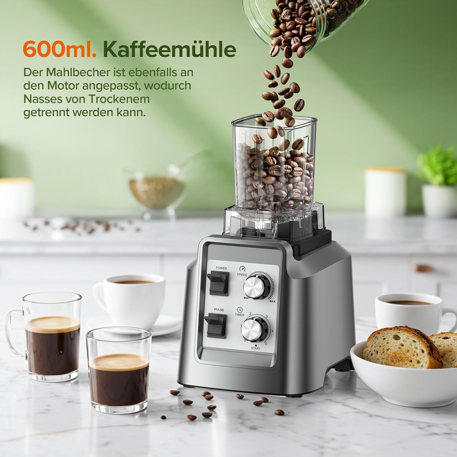 Teendow Standmixer, 1800 W Smoothie Maker, Tischmixer mit 2,0 Liter Behälter + 600 ml Kaffeemühle, geeignet zum Zerkleinern von Eis und gefrorenen Früchten, BPA-frei (Silber) – Bild 5