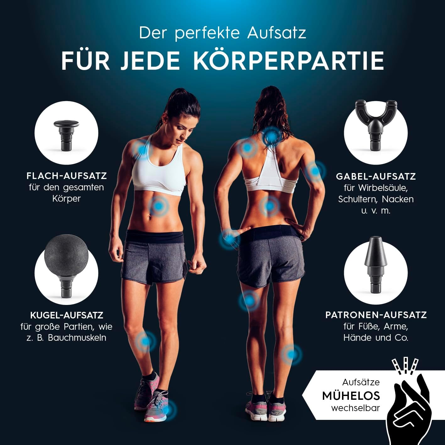 VITALmaxx Massagepistole mit 6 Stufen | Massagegerät mit 4 Aufsätzen | Batteriebetrieben bis zu 90 Minuten Laufzeit und wiederaufladbar über USB-C | Besonders leicht und handlich für Reisen und Sport (Schwarz/Silber) – Bild 2