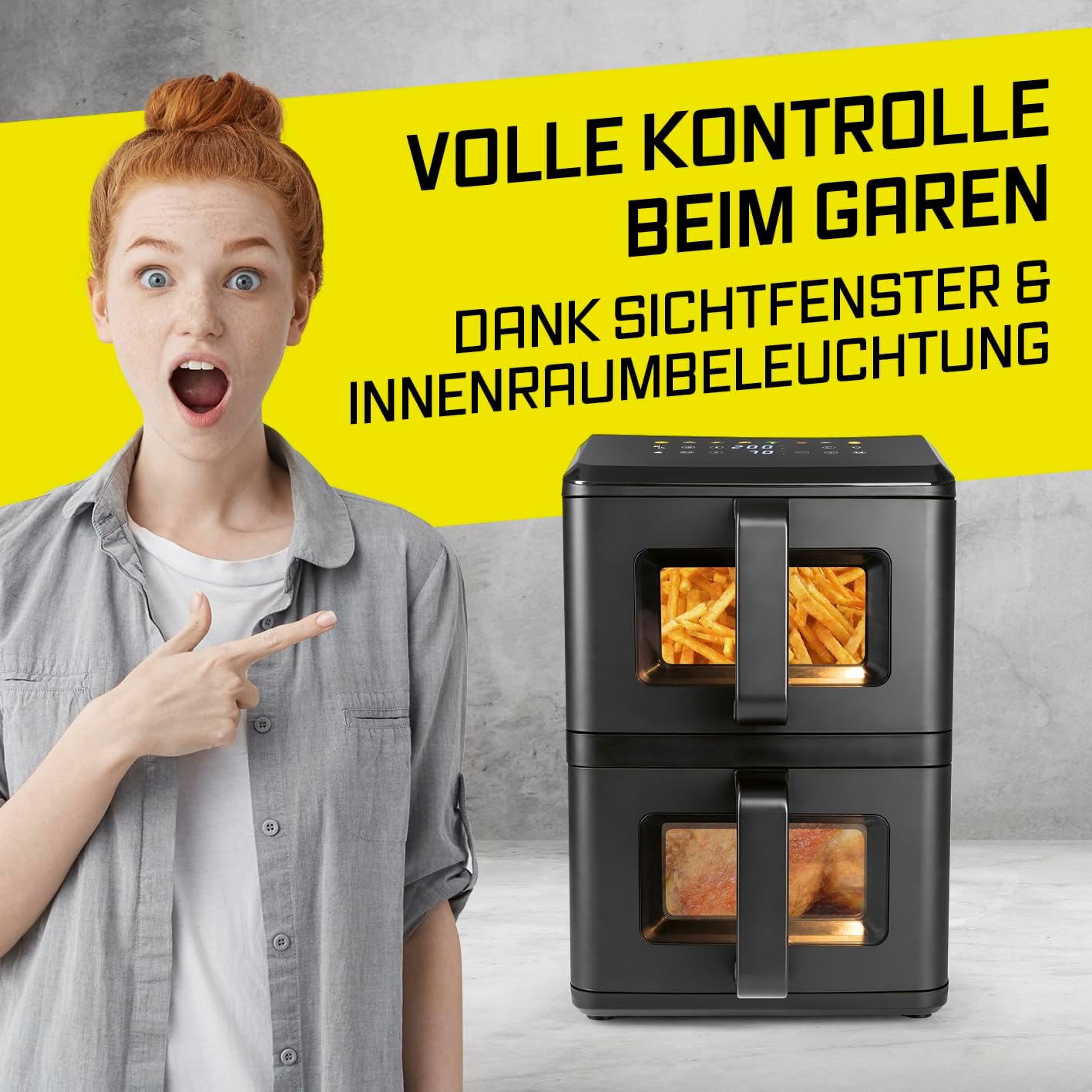 GOURMETmaxx FryUp Vertikale Doppelkammer-Heißluftfritteuse mit Sichtfenster – 10 l | Airfryer mit 9,8 Zoll mehrfarbigem LED-Touch-Display und 11 Programmen | Heißluftfritteuse 2 Kammern mit Oberhitze – Bild 7