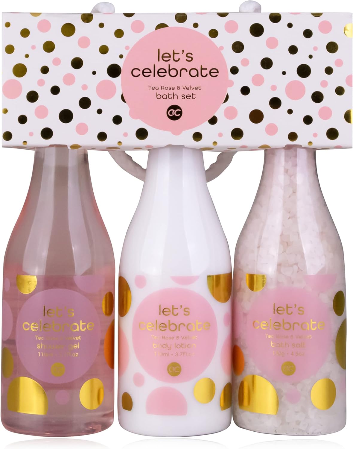Accentra - Let's Celebration Damen-Geschenkset in Champagnerflasche aus Kunststoff – Bade- & Duschset mit Teerose & Samt inklusive Duschgel, Bodylotion & Badesalz – 3-teiliges Wellness-Set für Damen und Mädchen – Bild 2