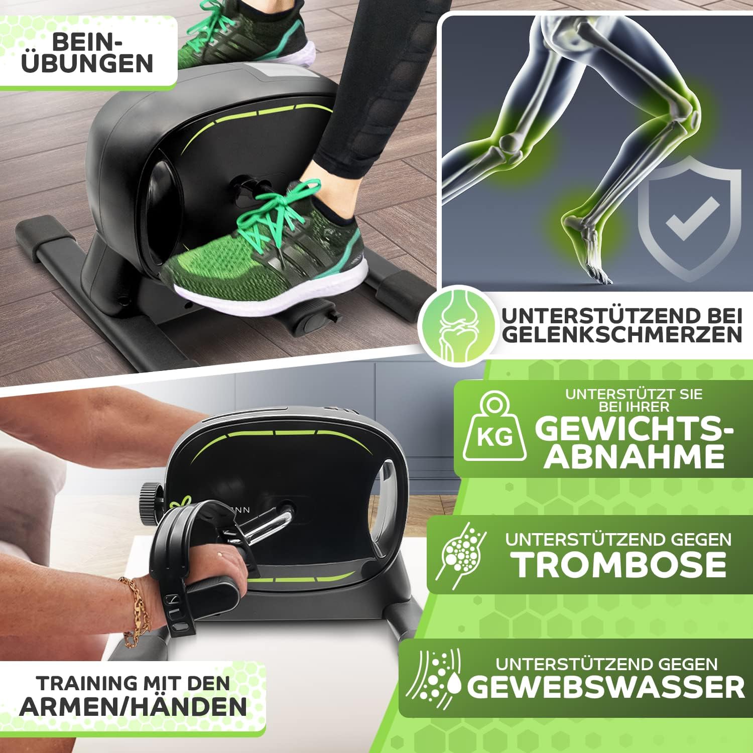 Tretmann Tretmann Basic Pedaltrainer-Set – extra stabil & leise – inklusive Befestigungsgurt – Dekra-geprüfter Beintrainer für Senioren, Heimtrainer, Minibike, schwarz, grün – Bild 5