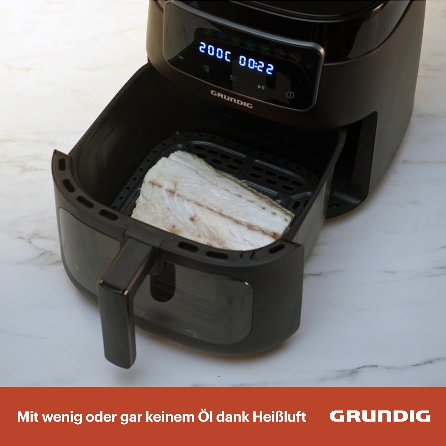 Grundig FRY 7320 Heißluftfritteuse, 7,6 l Fassungsvermögen, 1750 W, Touch-Display, großes Sichtfenster, Temperatur- und Zeiteinstellung, Antihaftbeschichtung, spülmaschinenfester Korb, Schwarz – Bild 7