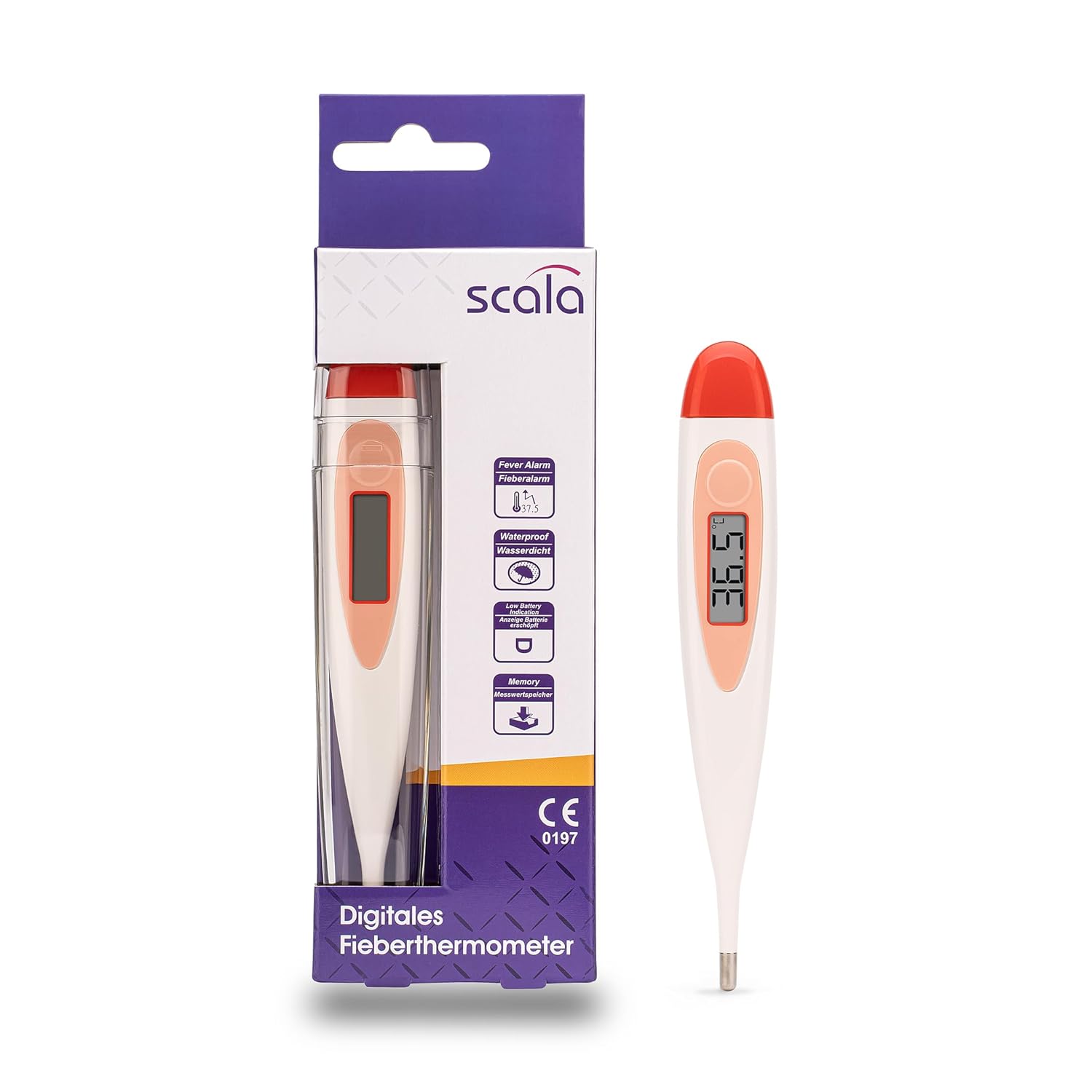 scala SC 17 Digitales Fieberthermometer – Wasserdichtes Fiebermessgerät mit Piepton & Memory-Funktion – 60 Sekunden Messzeit – starre Spitze – Rot, 1 Stück – Bild 2