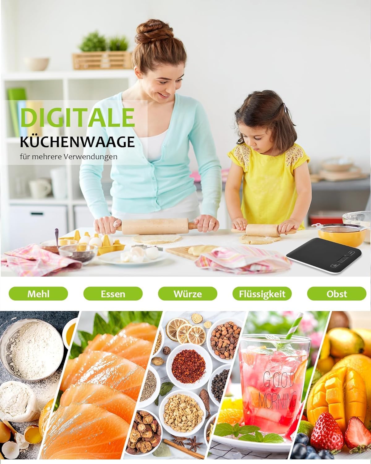 Küchenwaage Digital mit LCD-Display und Tara-Funktion, Präzise 1g Messung zum Backen und Kochen, Schwarz – Bild 8