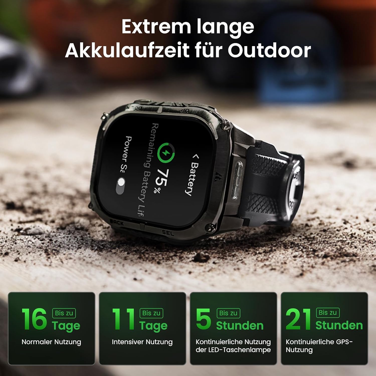 KOSPET Tank M4C Herren-Smartwatch mit LED, 1,96 Zoll AMOLED, Dualband-GPS & Kompass, ultralange Akkulaufzeit, 24/7 Herzfrequenz- & Schlaf-Tracking, 50 m wasserdicht, Bluetooth, Android & iOS (Schwarz) – Bild 6