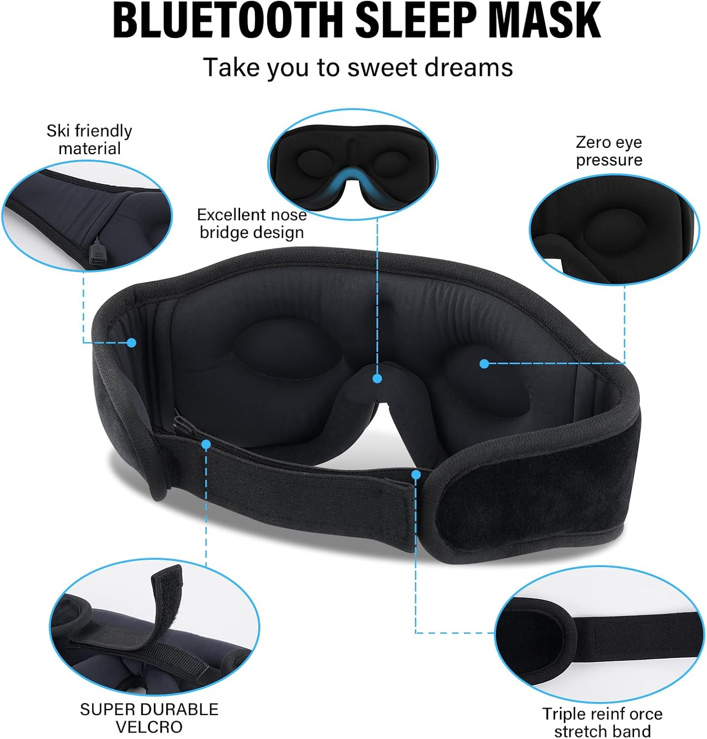 Schlafmaske mit Bluetooth-Kopfhörern, 3D-Schlafmaske, kabellose Musik-Augenmaske für schlafende Seiten-/Rückenschläfer, Schlafkopfhörer – Bild 2