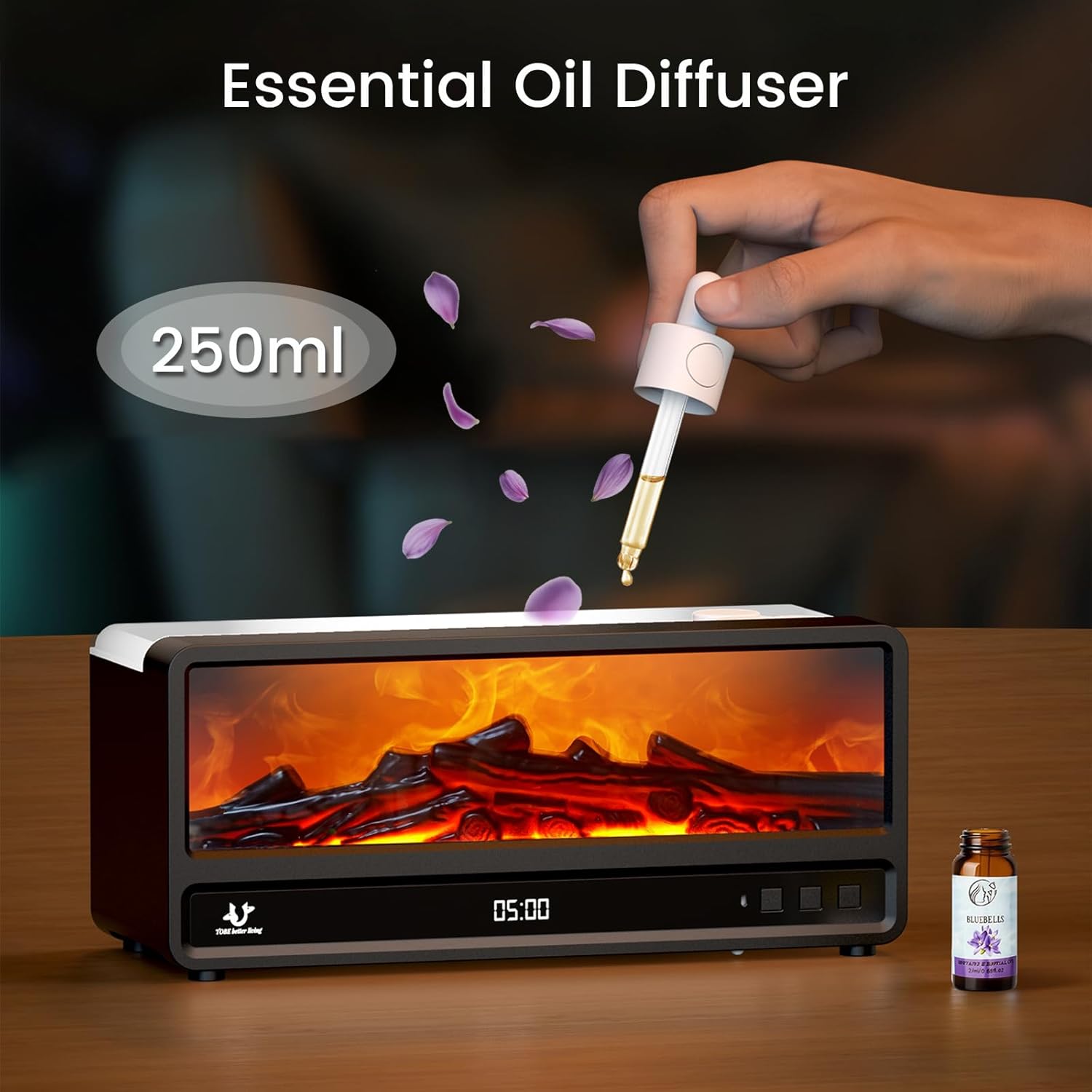 Luftbefeuchter, 250 ml Flammen-Kamin-Aroma-Diffusor, 7 Farben Aromatherapie-Diffusor mit magnetischer Fernbedienung & Timer & automatischer Abschaltung, Ultraschall-Luftbefeuchter für Schlafzimmer (schwarz) – Bild 6