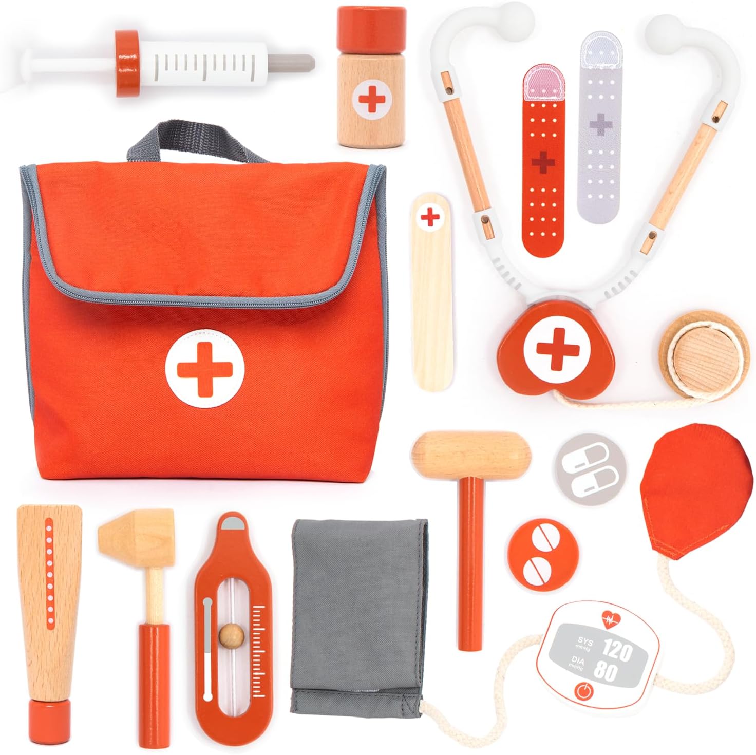 UMU Mini Arztkoffer aus Holz, Kinderspielset mit Stethoskop, Blutdruckmessgerät und mehr, Arztkoffer Spielzeug für Rollenspiele, 14-teiliges Medizinset für Kinder ab 3, 4, 5 Jahren