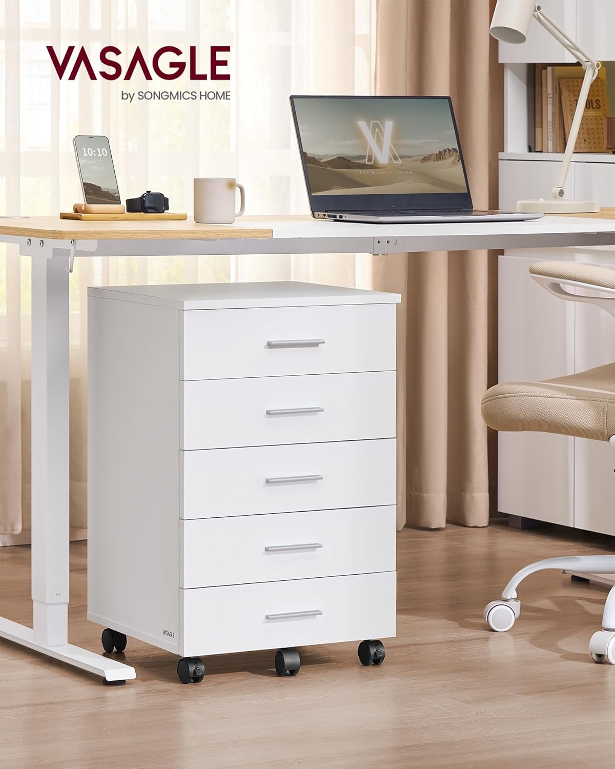 VASAGLE Rollschrank, mobiler Aktenschrank, Schubladenschrank, Druckerständer mit 5 Schubladen mit schraubenlosen Gleitschienen für Büro, Zuhause, Büro, Wolkenweiß OFC081W01 – Bild 2