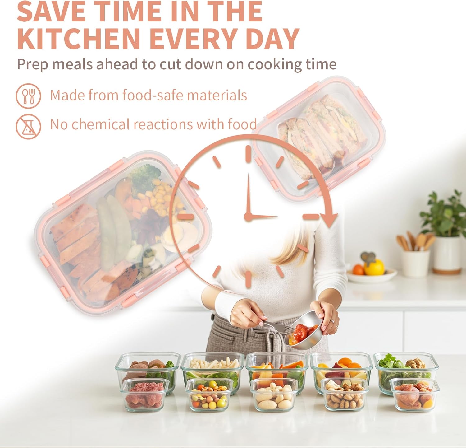 S SALIENT Frischhaltedosen-Set aus Glas, Lunchboxen, Meal-Prep-Boxen, mitgebrachte Lebensmittel, Glasbehälter mit Deckel, Aufbewahrungsbox, spülmaschinenfest, mikrowellen- und gefriergeeignet (5 x 1050 ml + 5 x 370 ml) – Bild 5
