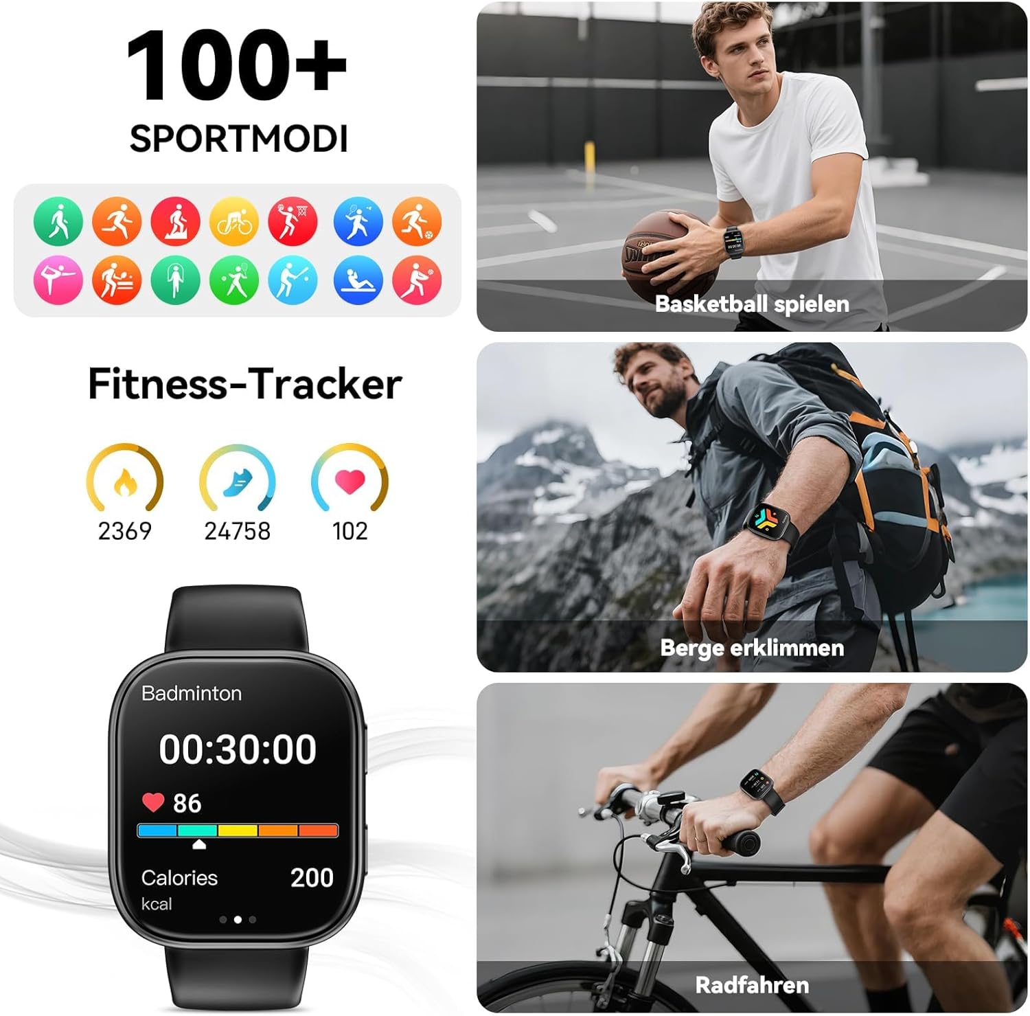 Smartwatch Damen Herren, 1.83" HD Fitnessuhr mit Telefonfunktion, Fitness Tracker mit SpO2 Pulsmesser Schlafmonitor Schrittzähler, 110+ Sportmodi Sportuhr, IP68 Wasserdicht Smart Watch für Android iOS – Bild 5