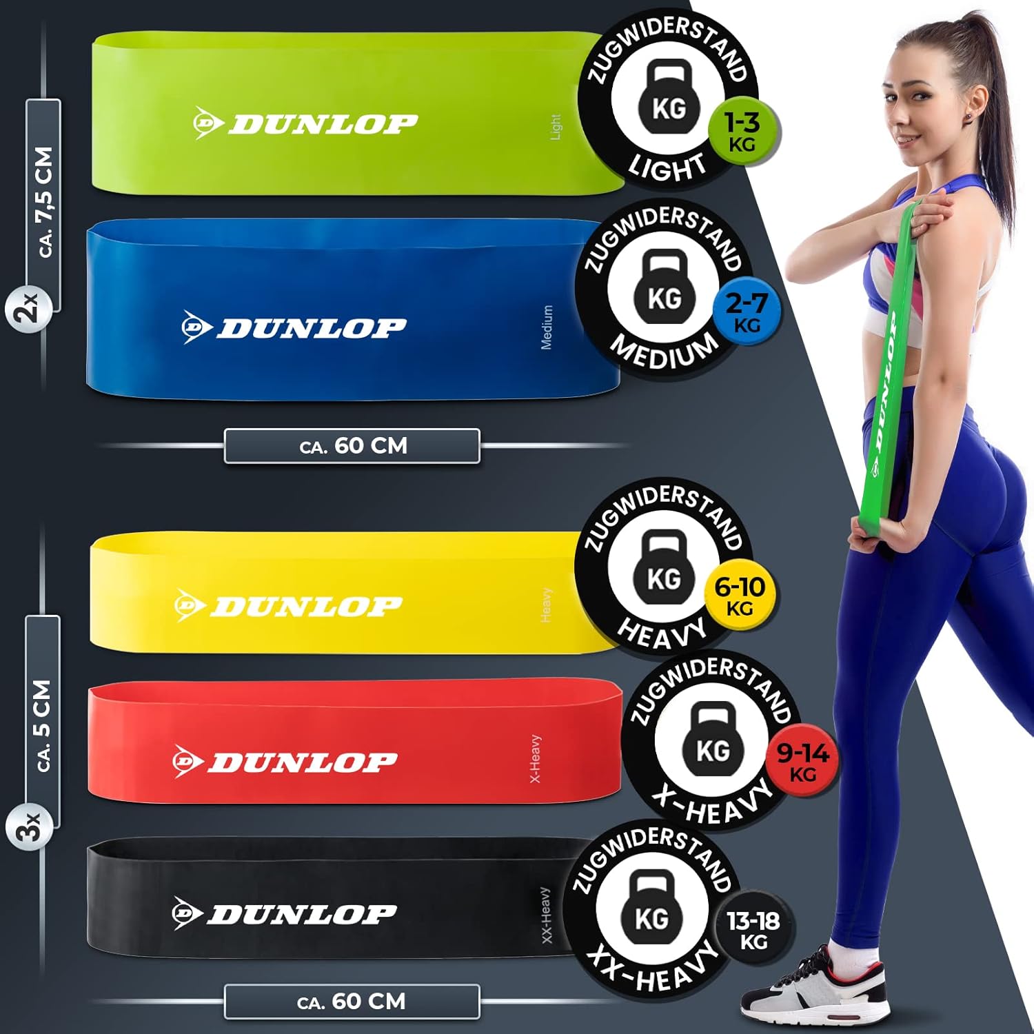 Dunlop Fitness Band Fitnessbänder Set – 5 Widerstandsbänder für schnelle Krafttrainingserfolge – Premium Widerstandsbänder in 5 Stufen als LongLife+ Latexbänder Set – Bild 2