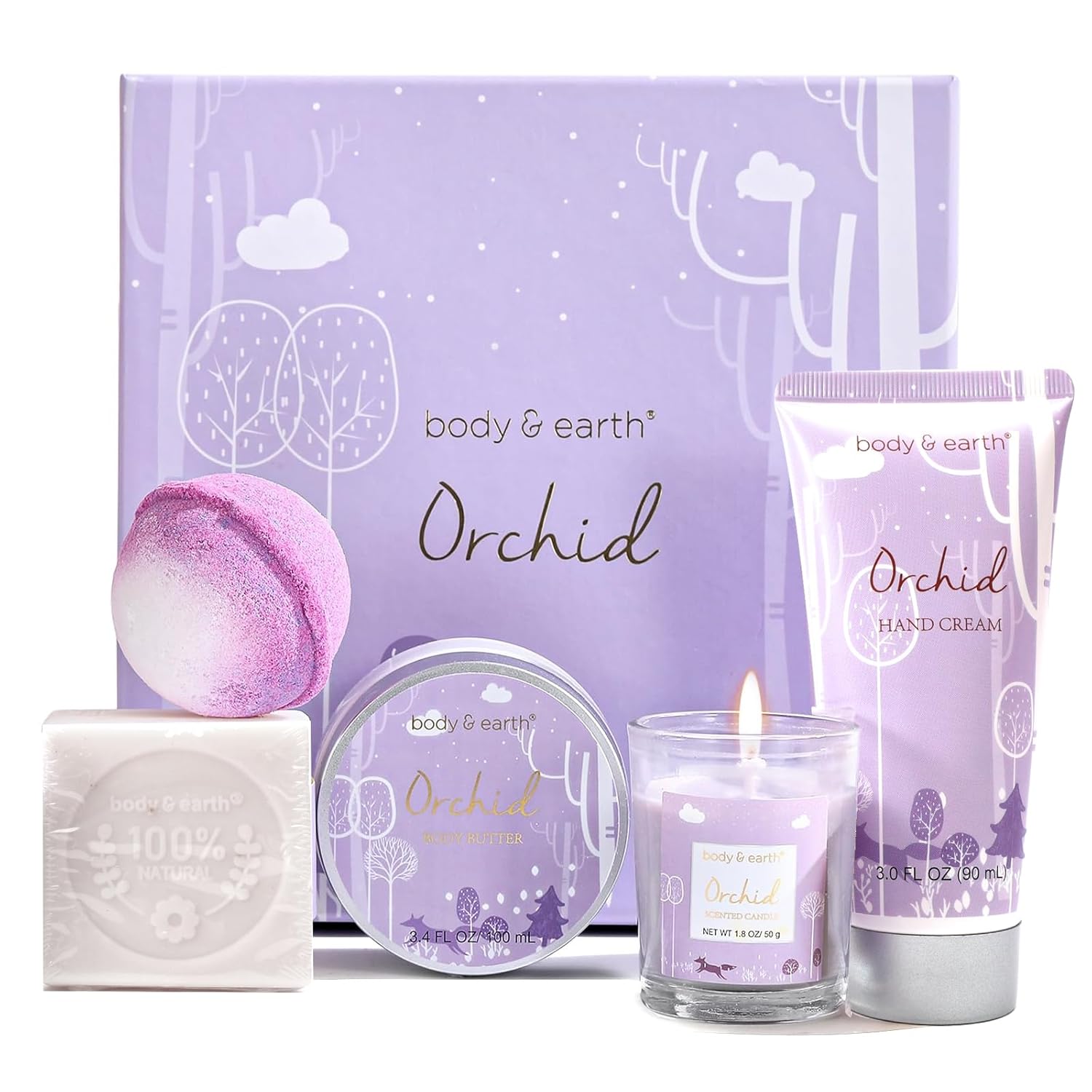 BODY & EARTH Geschenke für Frauen – 5-teiliges Orchideenduft-Geburtstagsgeschenk mit Duftkerze, Körperbutter, Handcreme, Badebombe, Geschenkbox, Wellness-Set für Freundin, Mama, Muttertagsgeschenk