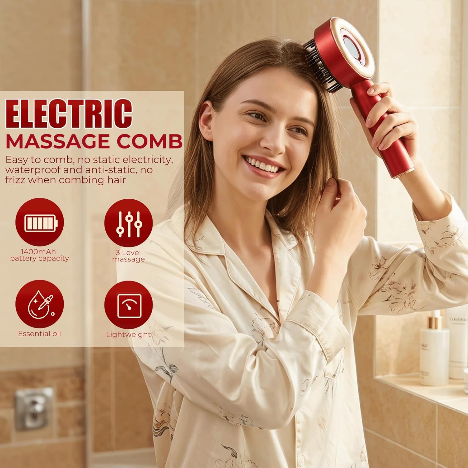 Kopfmassagegerät Elektrisch, 2 in 1 Kopfhaut Massagebürste Elektrisch mit Haaröl-Applikator, 360° Rotlicht Kopfhaut Massagegerät, 3 Modi Elektrisches Kopfmassagegerät zur Massage und Kopfhautpflege – Bild 8