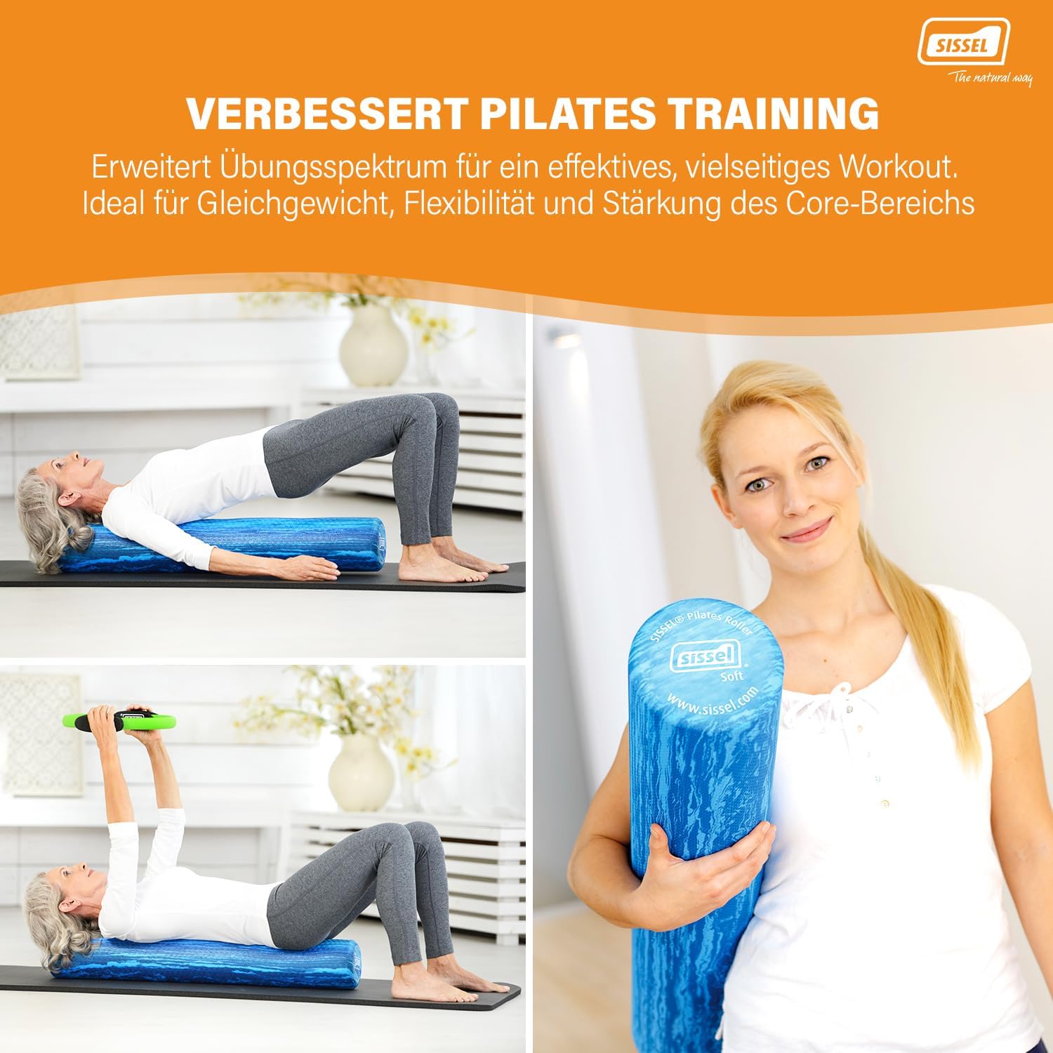 Sissel Pilates Roller Pro Soft Balance Kernstabilitätstraining, Durchmesser 15 cm, Länge 90 cm, Blau – Bild 5