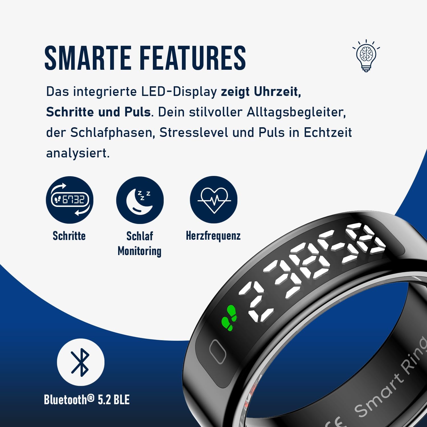 Fontastic Divo Smart Ring mit Display, Fitnessring mit Schlaftracker, Schrittzähler, Herzfrequenz- und Blutsauerstoffmessung, 1ATM wasserdicht, kabellose Ladestation, Fitnessring Android kompatibel – Bild 4