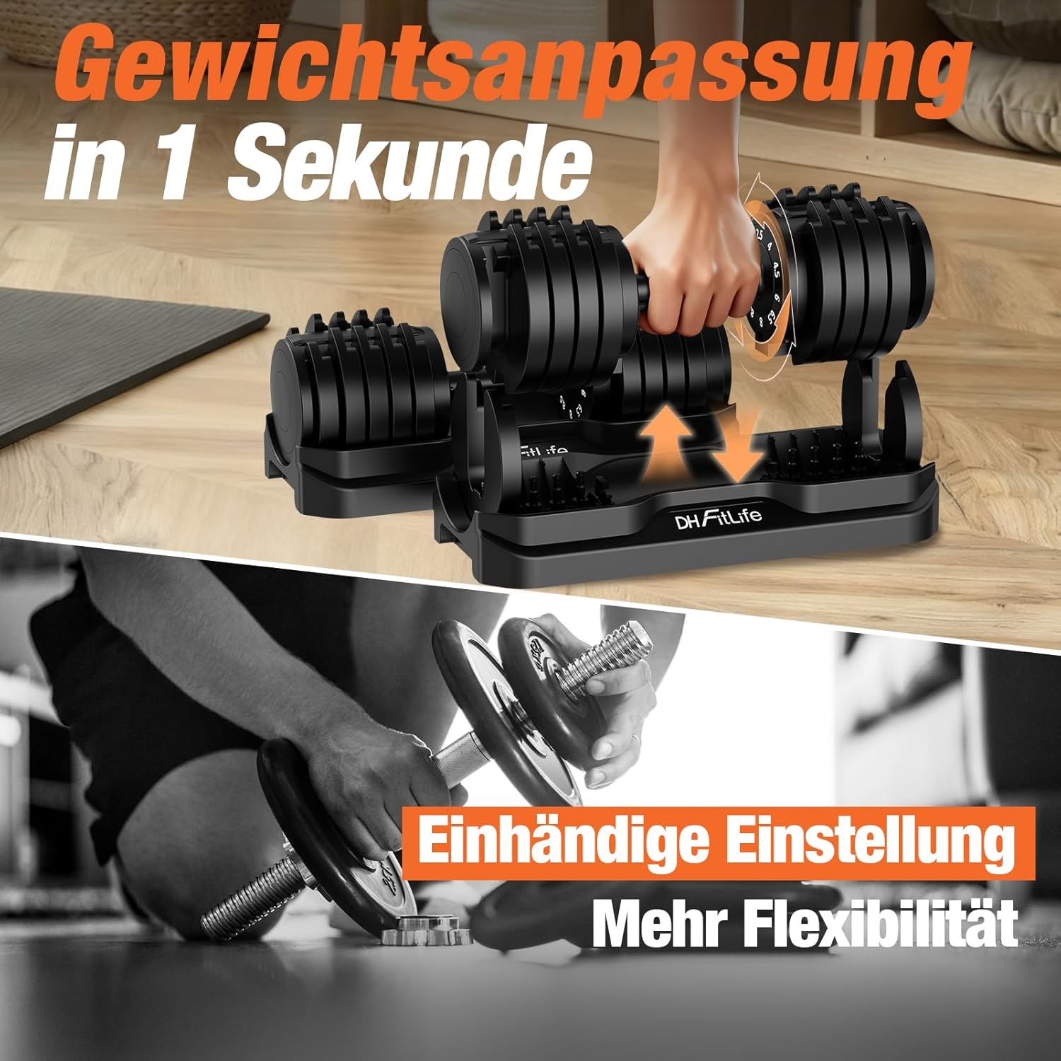 DH FitLife 12 kg / 25 kg verstellbare Kurzhanteln 2,5-12 kg / 4-25 kg mit 10 Gewichtsstufen, Kurzhantel-Set mit Hantelscheiben, variable Gewichte 10 in 1 – Bild 3