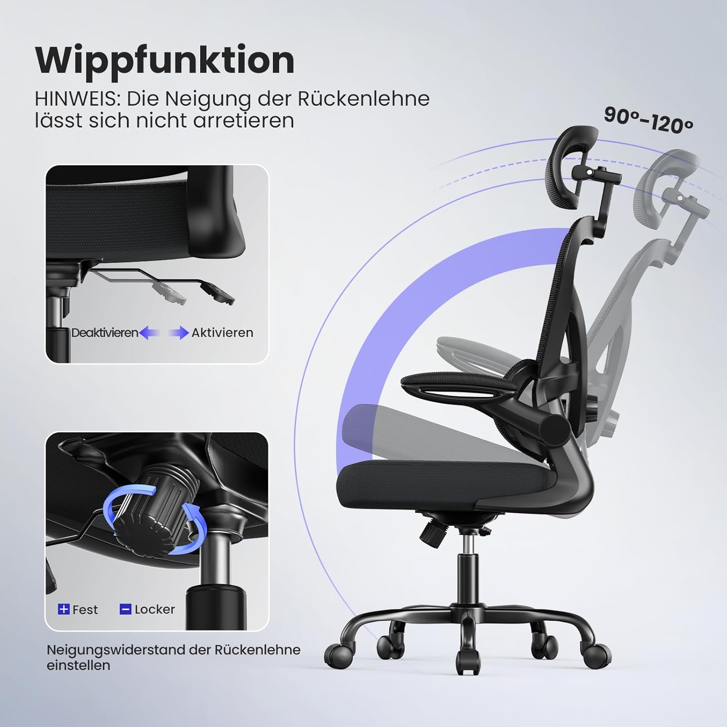 naspaluro Ergonomischer Bürostuhl mit dynamischer Lordosenstütze, Schreibtischstuhl mit 3D-Kopfstütze, klappbaren Armlehnen, atmungsaktivem Netzbezug, 360°-Drehstuhl für das Home Office, Schwarz – Bild 5