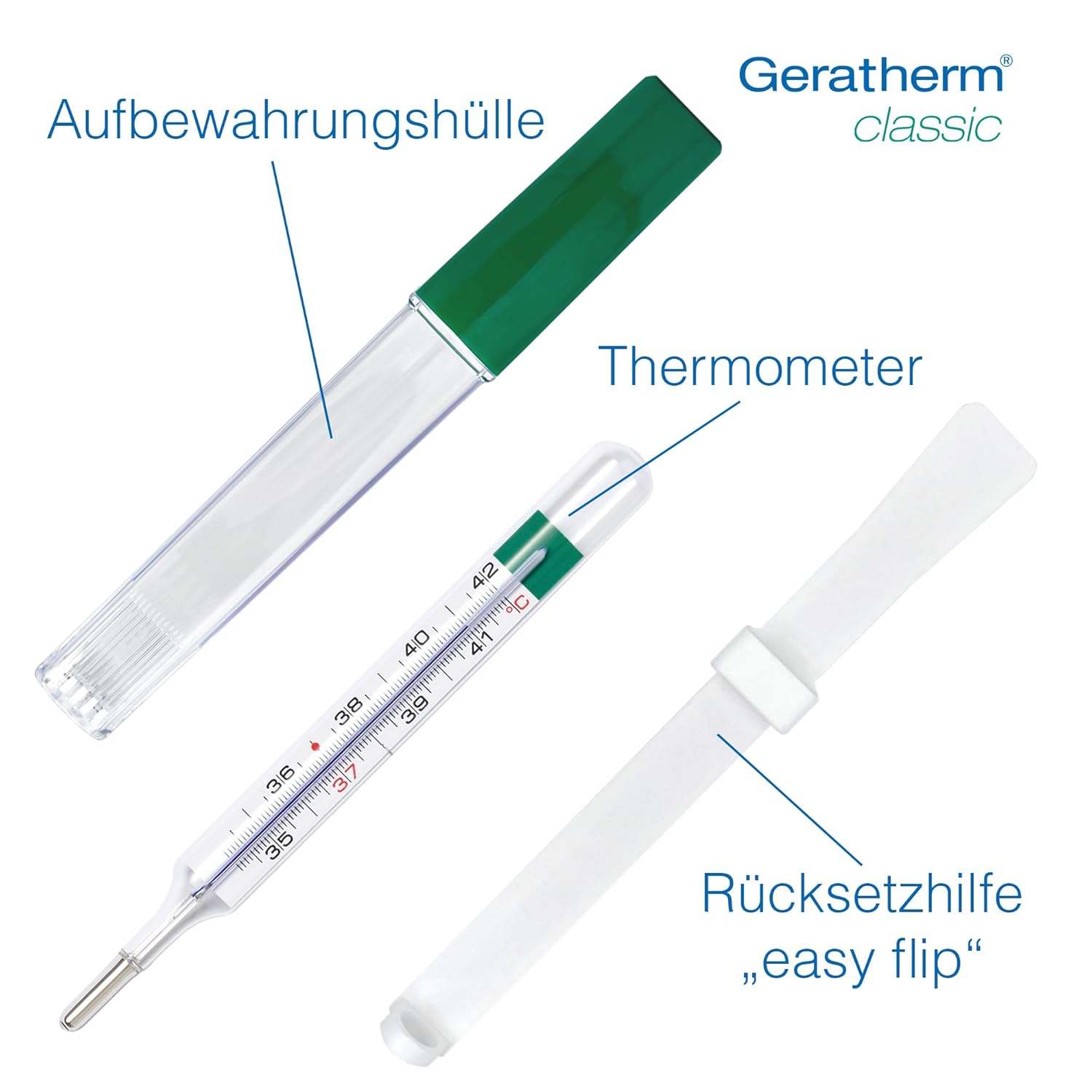 GERATHERM Classic MDR Analoges Fieberthermometer / Glasthermometer ohne Quecksilber und Batterien / mit Aufbewahrungskoffer und Rückstellhilfe / Made in Germany – Bild 4