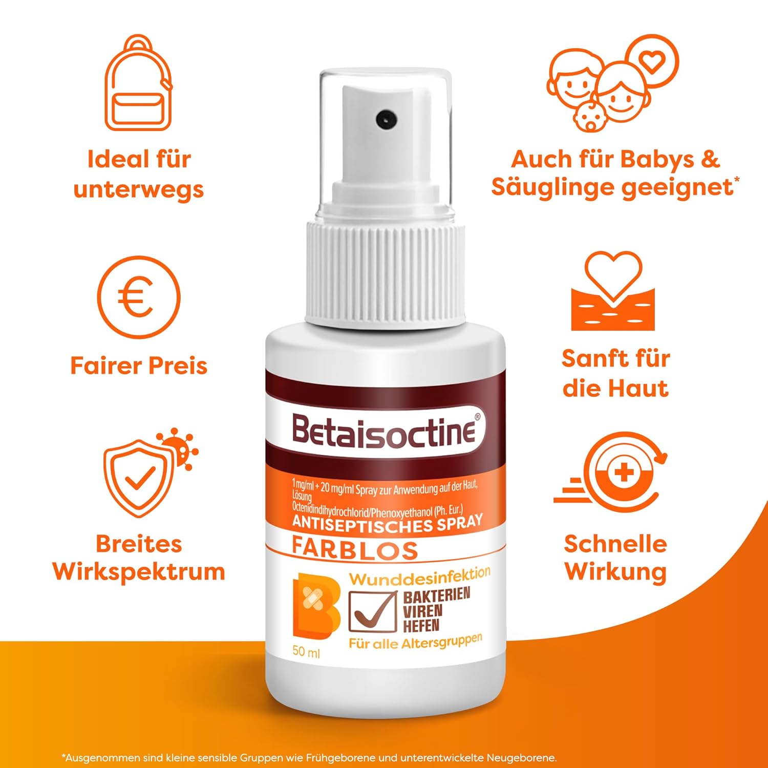 Betaisoctin-Spray 50 ml: Farbloses Antiseptikum für kleine Wunden und Hautdesinfektion, breites Wirkungsspektrum gegen Bakterien, Viren und Hefen, wirksam und schonend bei alltäglichen Wunden – Bild 5