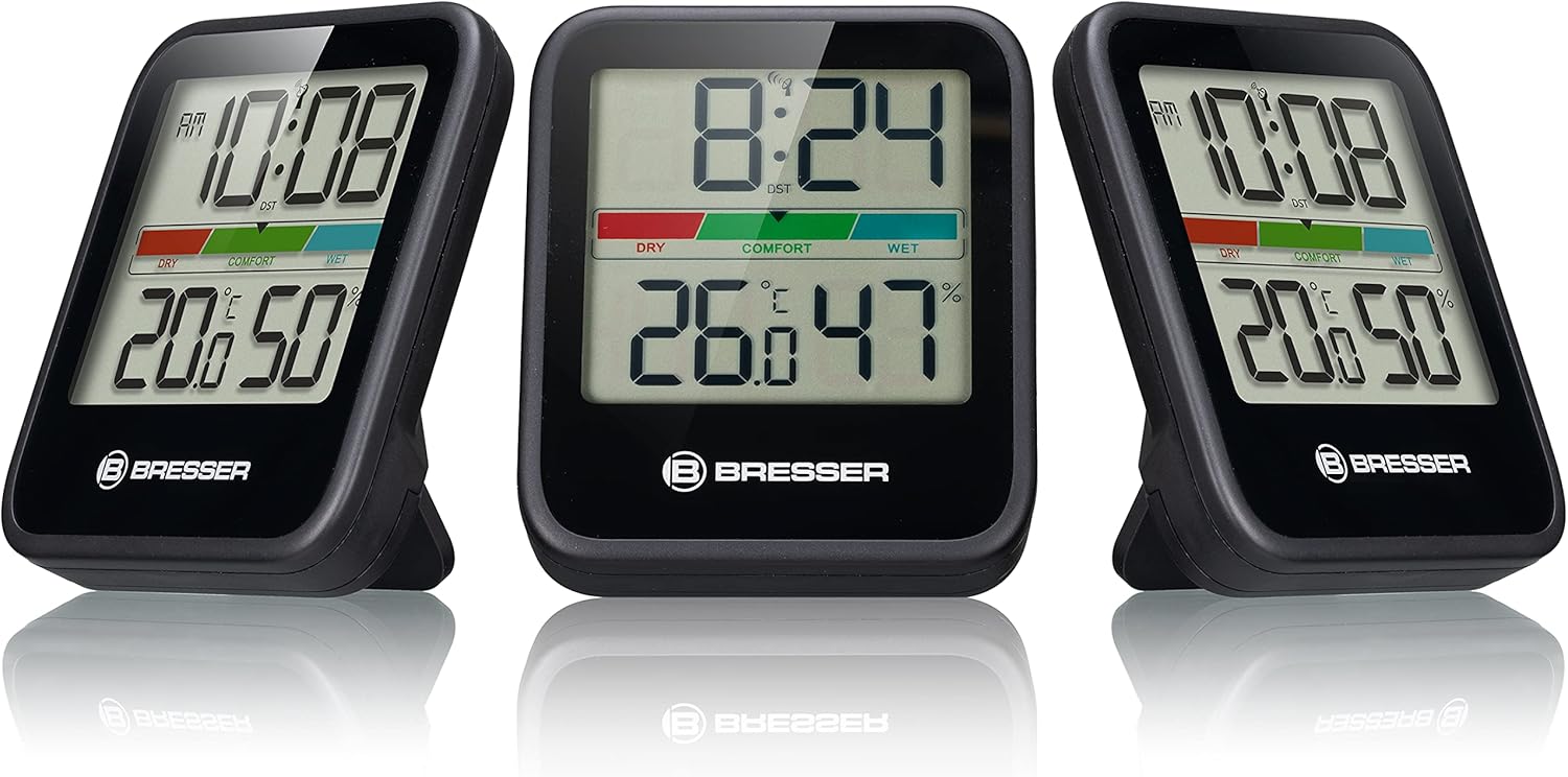Bresser Thermometer Hygrometer Klimamonitor 3er Set zum Aufstellen oder zur Wandmontage mit farbigem Raumklimaindikator – 7,2 x 1,6 x 8 cm, Schwarz