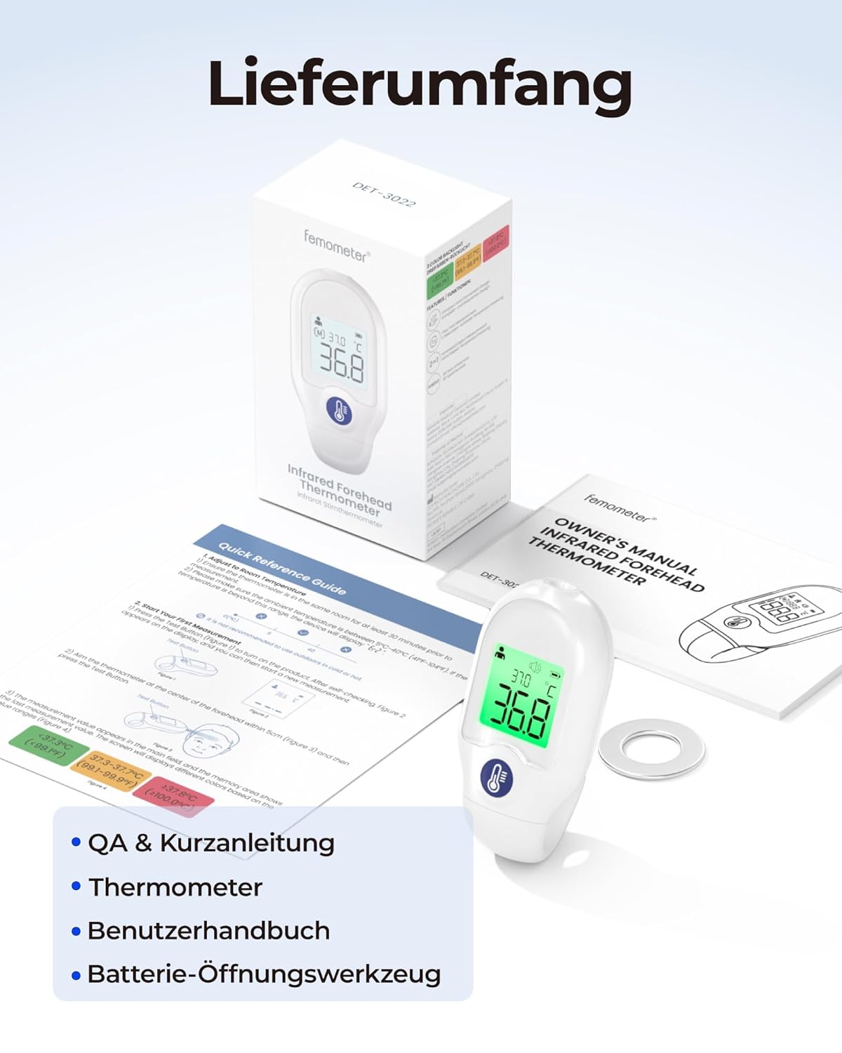 Femometer Fieberthermometer für Babys, Kinder und Erwachsene, kontaktlos, Infrarot, Messung in 1s, dreifarbiges Display, Objekt- und Raumtemperatur, tragbar für den Reisegebrauch, Fieberwarnung, weiß – Bild 9