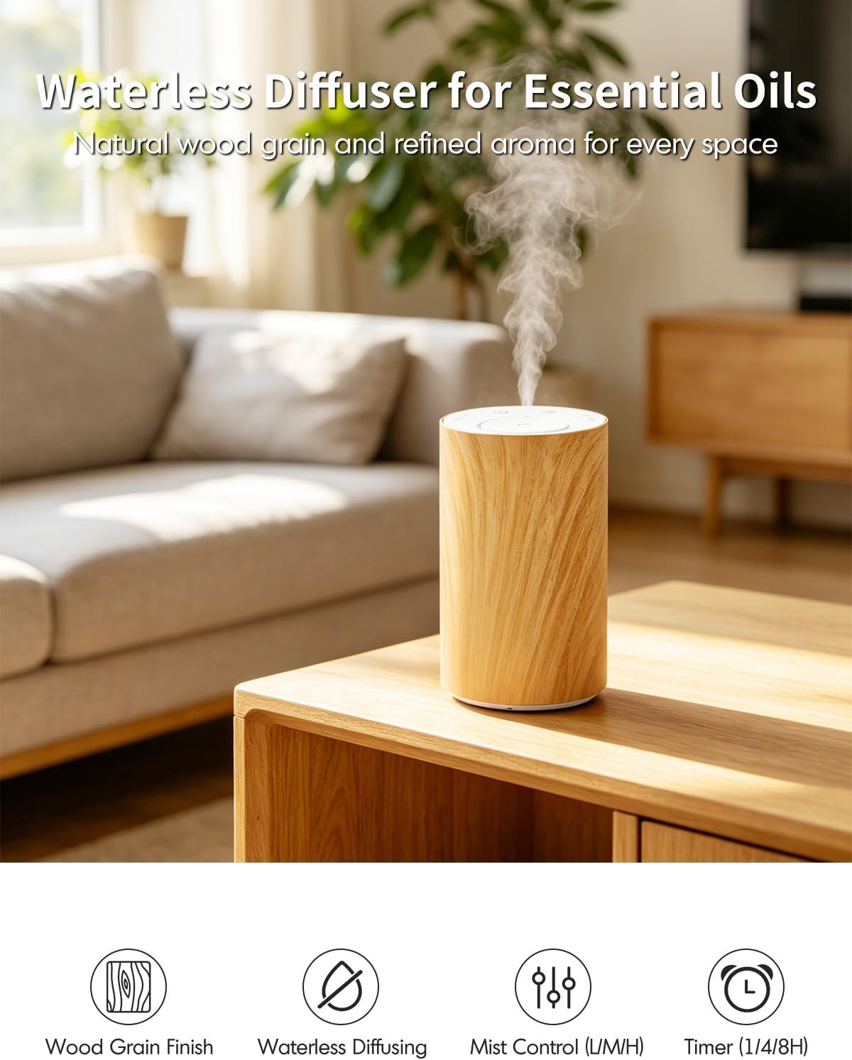 Aroma Diffuser Wasserloser für ätherische Öle: Elektrisch, Kabellos und USB-C Aufladbar – Mobiler Raumduft Diffusor fürs Auto und Zuhause mit Timer-Funktion & 3 Gängen für Aromatherapie Holz-Optik – Bild 2