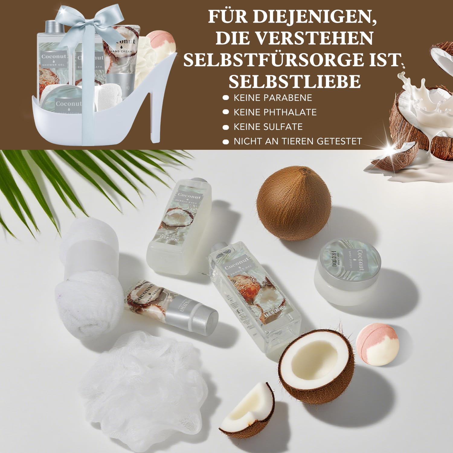 SPA LUXETIQUE Bade-Geschenkset für Damen – 8-teiliges Bade-Geschenkset mit Kokosnuss-Duft, Geburtstagsgeschenk, Wellness-Set für Frauen mit Duschgel, Schaumbad, Körperlotion, Geschenkset zum Muttertag, Geschenke für Sie, Frauen, Mutter – Bild 5