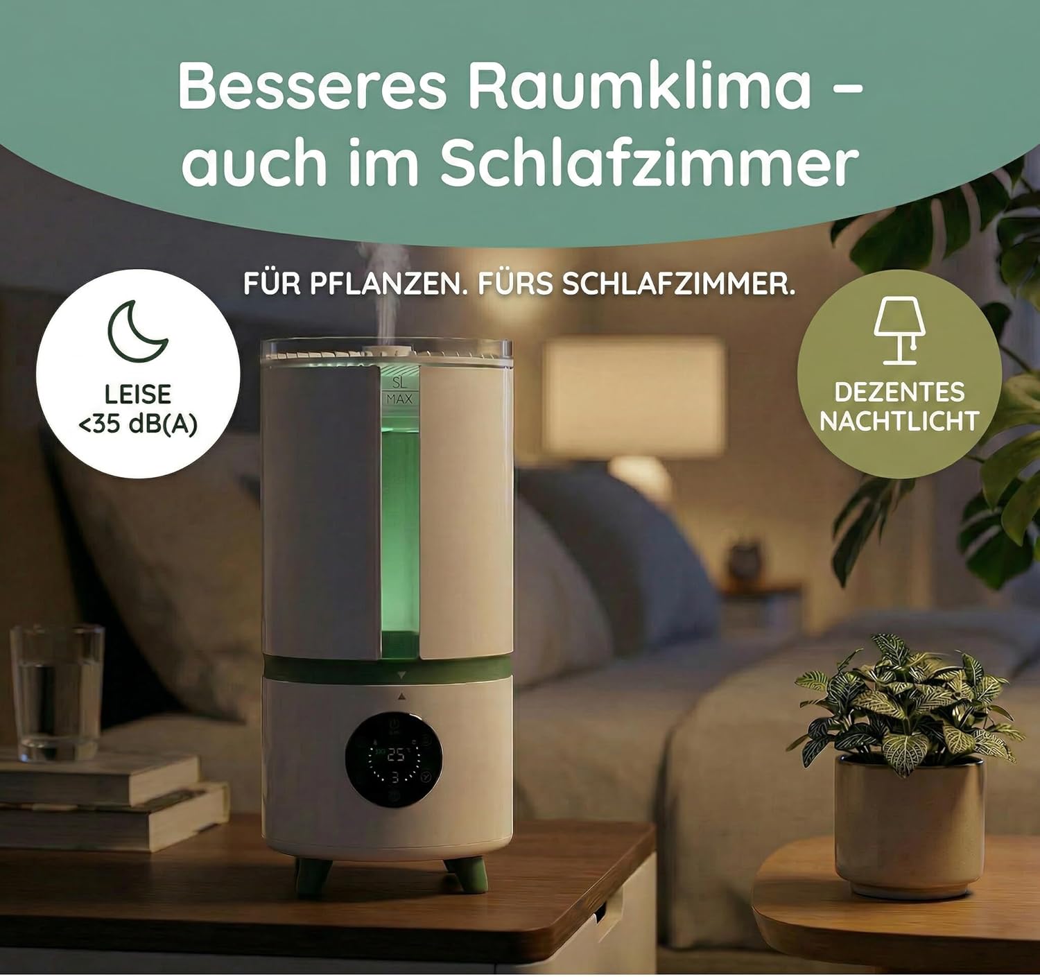 WOHLGRÜN TAU360 Luftbefeuchter 5L – Ultraschall-Luftbefeuchter für Pflanzen & Schlafzimmer, leiser Raumbefeuchter, Hygrometer-Sensor, Wachstumszelt, bis zu 30 m² – Bild 3