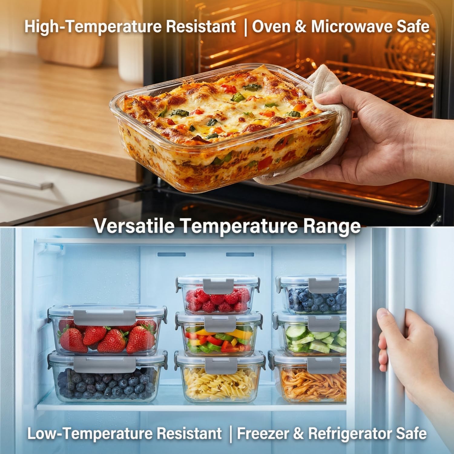 Glasbehälter mit Deckel, 2-teilige Meal-Prep-Boxen & Frischhaltedosen, 2 x 1040 ml, aus Borosilikatglas, BPA-frei & luftdicht für Mikrowelle, Gefrierschrank & Spülmaschine, Frischhaltedose – Bild 7