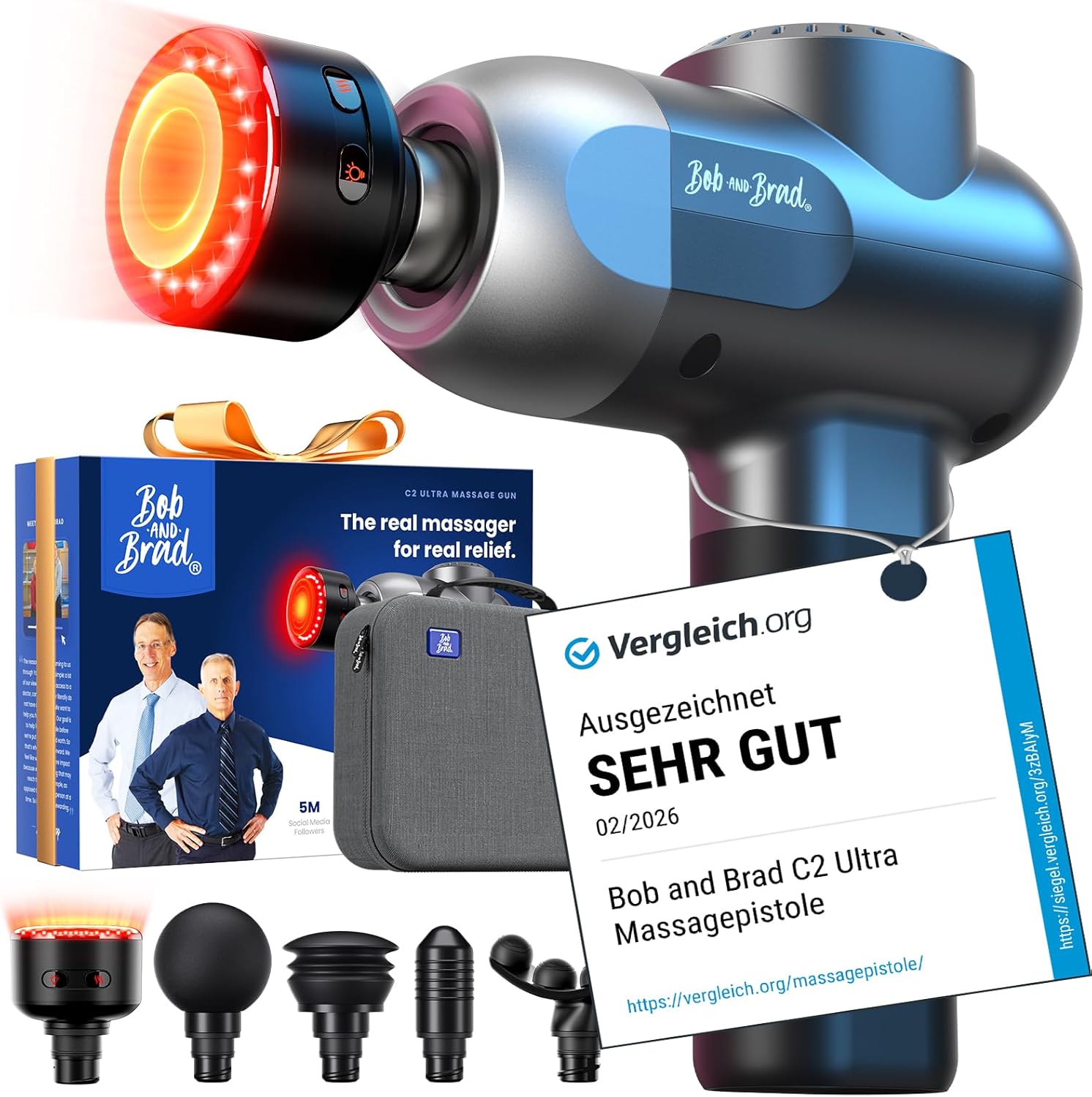 BOB AND BRAD C2 Ultra Massagepistole mit Wärmefunktion und Rotlichttherapie, tragbare Massage-Massagepistole, Muskelmassagepistole für Zuhause, Fitnessstudio, Erholung und Schmerzlinderung