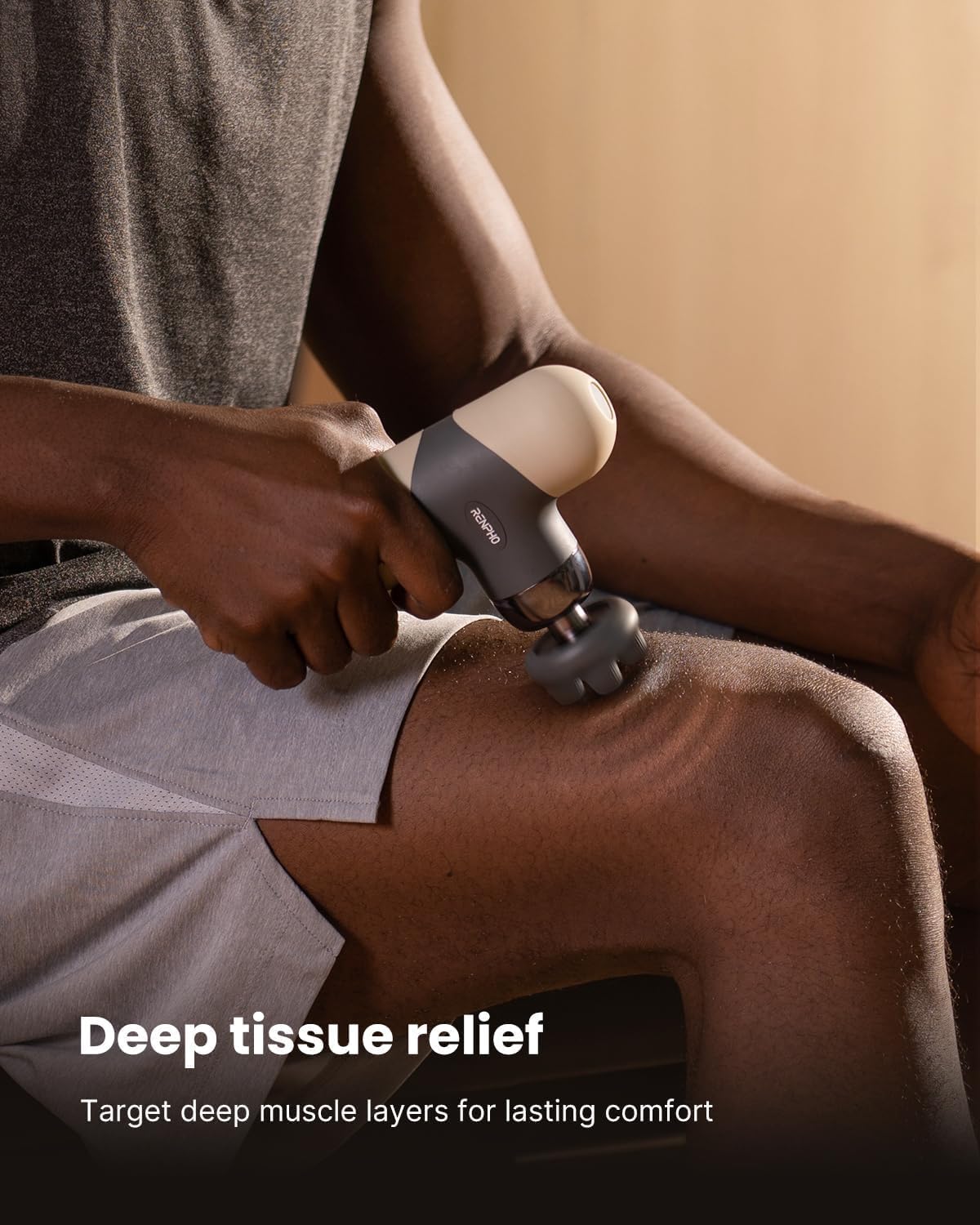 RENPHO Mini-Thermo-Massagepistole mit Wärmefunktion, Mini-Massagepistole, tragbares modisches Percussion-Massagegerät, mit farbigen Silikonhüllen, Reisegröße mit Tragetasche, für Muskelmassage, Beige – Bild 9
