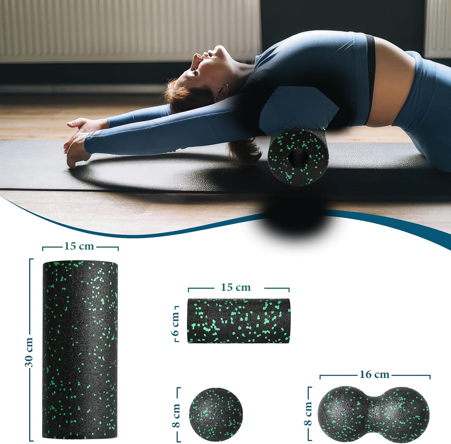 Faszienrollen-Set, Schaumstoffrolle, Faszien-Set mit Faszienball, Mini-Faszienrolle klein und Duoball für Yoga, Faszientraining, Muskeln, Grün – Bild 4