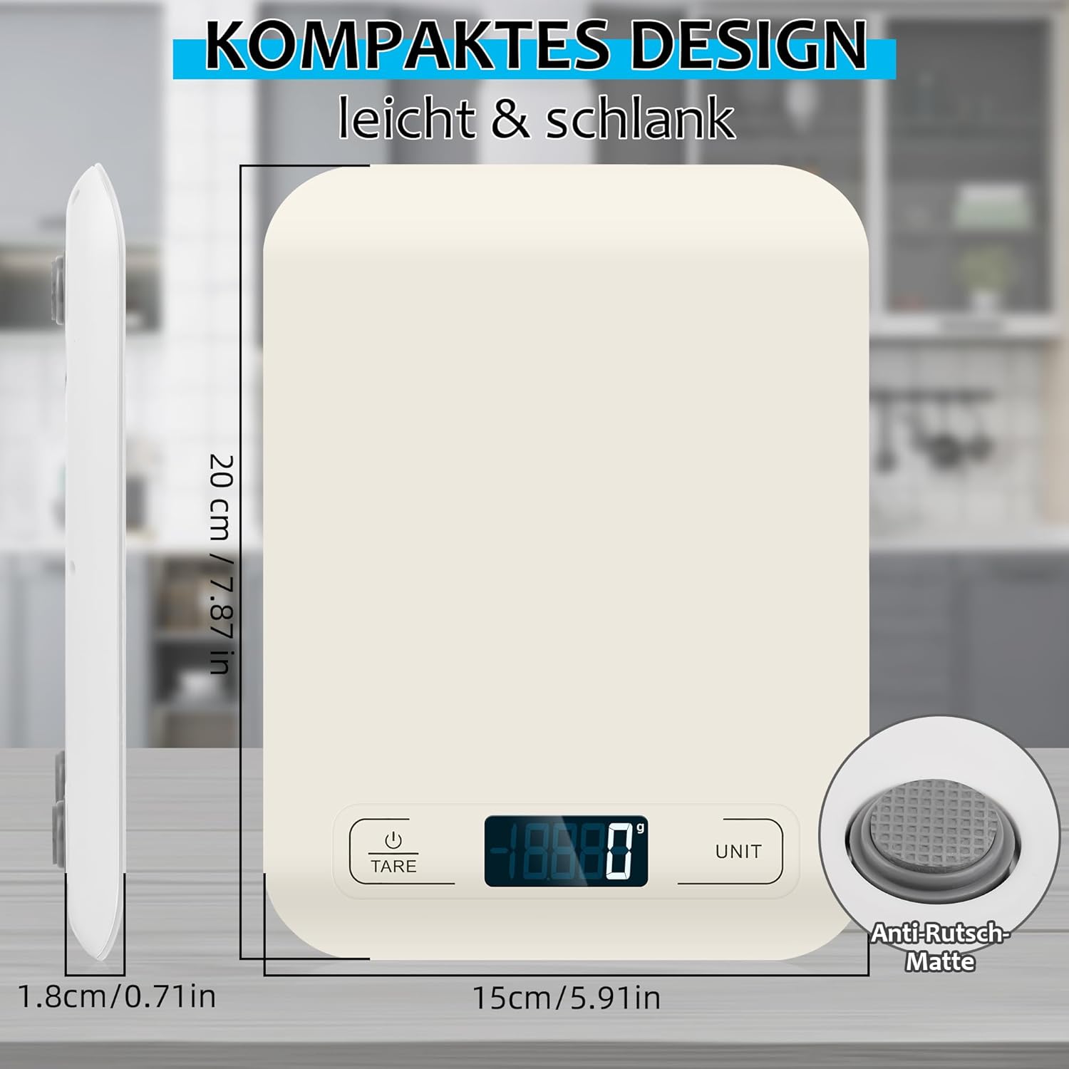 Küchenwaage Digital mit LCD-Display und Tara-Funktion, Präzise 1g Messung zum Backen und Kochen, Weiß – Bild 6