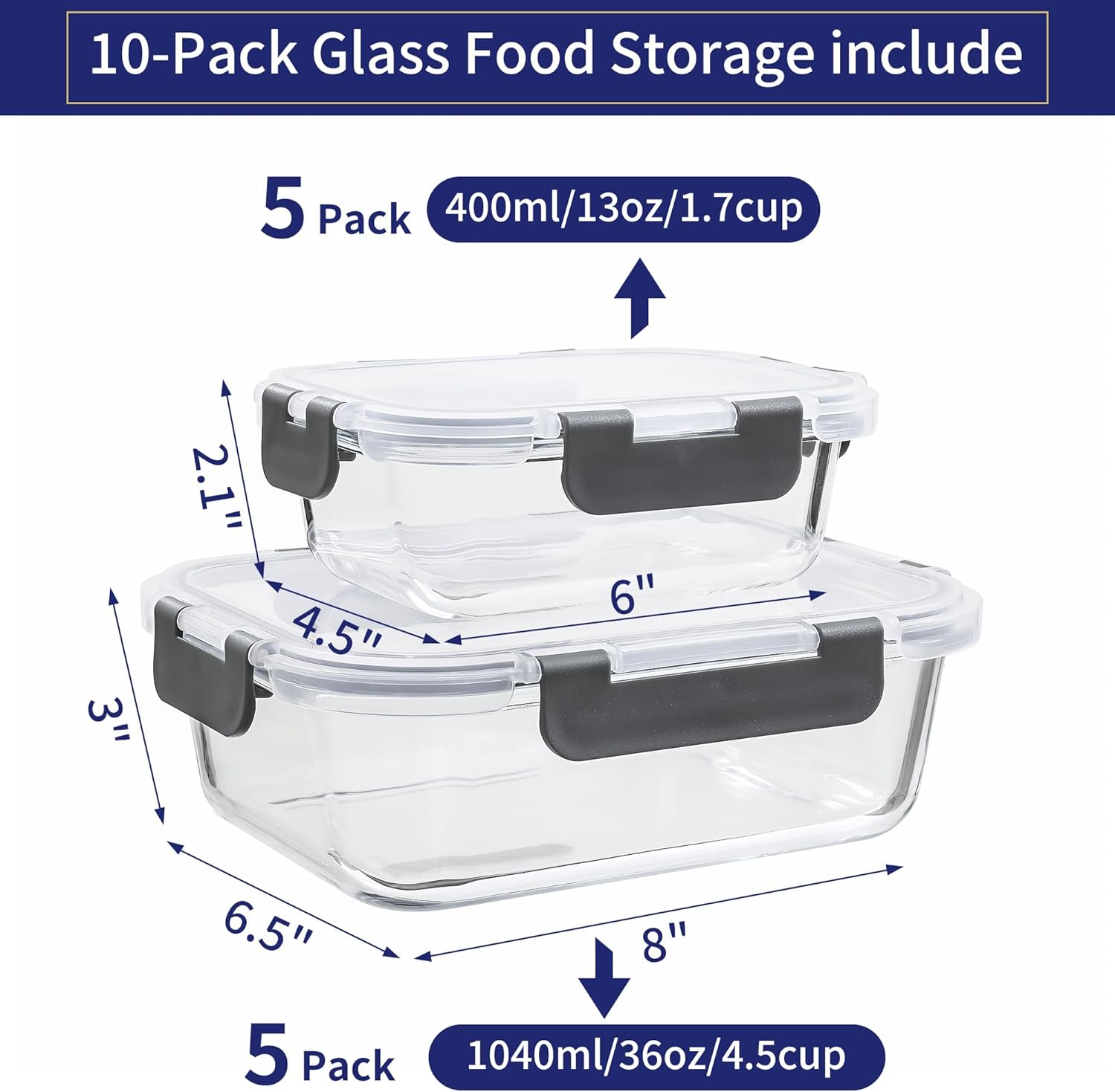 MFY 10er-Set (1040 ml & 400 ml) Glasbehälter mit Deckel-Set, Meal-Prep-Boxen, Lebensmittel-Aufbewahrungsbehälter aus Glas mit Deckel, BPA-freie Glasgefäße, mikrowellen-, ofen-, gefrier- und spülmaschinenfest, grau – Bild 2