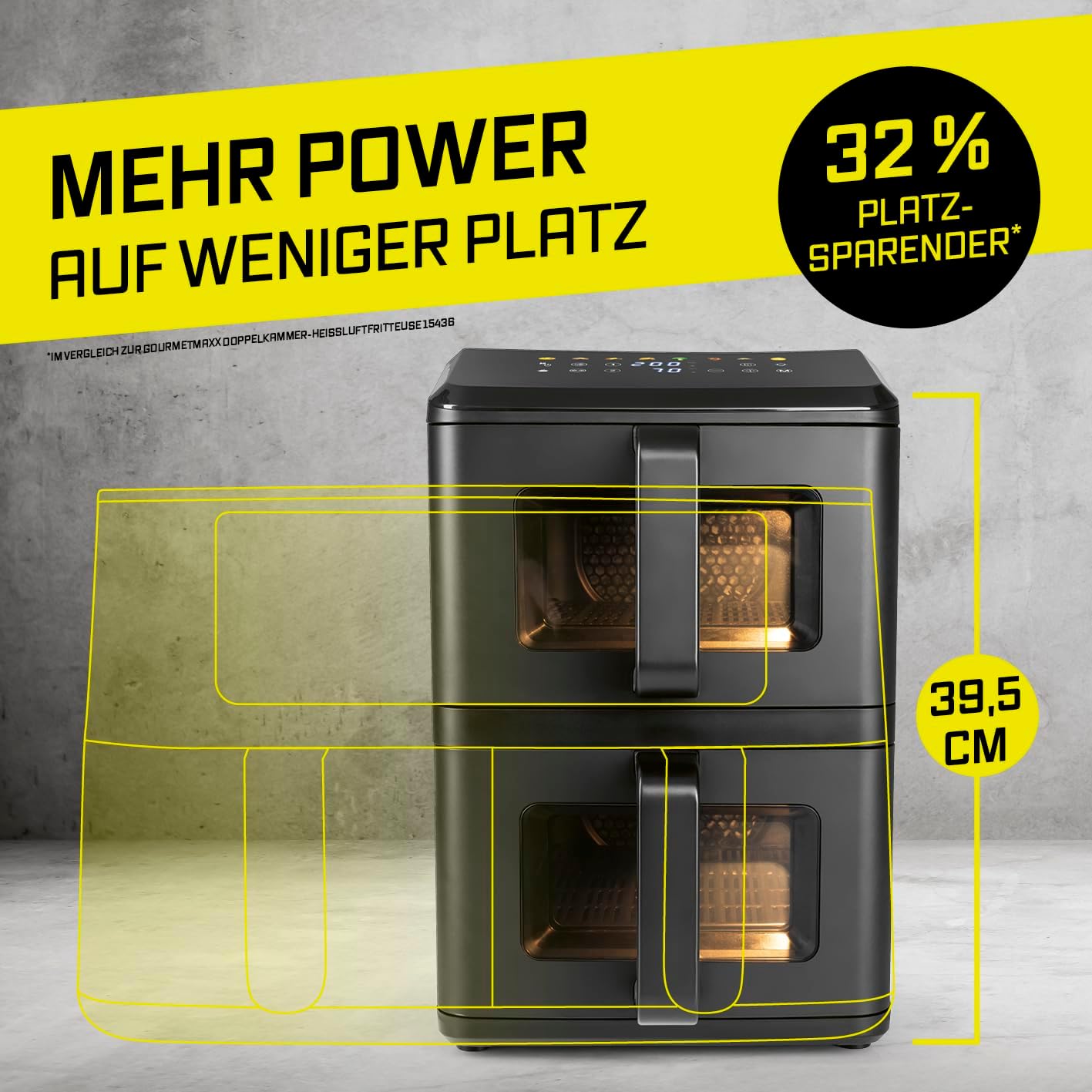 GOURMETmaxx FryUp Vertikale Doppelkammer-Heißluftfritteuse mit Sichtfenster – 10 l | Airfryer mit 9,8 Zoll mehrfarbigem LED-Touch-Display und 11 Programmen | Heißluftfritteuse 2 Kammern mit Oberhitze – Bild 2