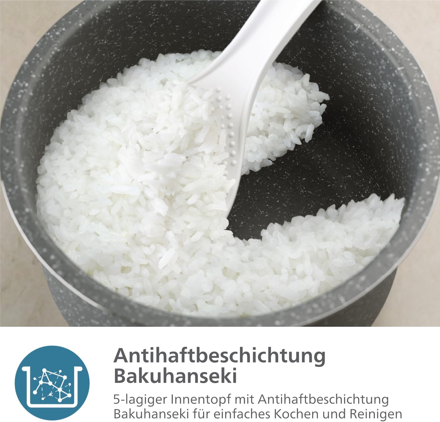 Philips Mini-Reiskocher 3000-Serie – 0,54 l, 5-lagige Bakuhanseki-Beschichtung, 30-Minuten-Druckkochmodus, 5 Kochfunktionen, Schwarz (HD3080/80) – Bild 6