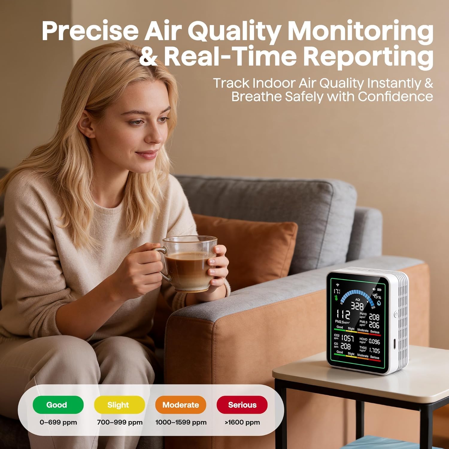 Luftqualitätsmonitor für den Innenbereich, 10-in-1 tragbarer Smartair-Qualitätstester für CO2 | CO | TVOC | HCHO | Temperatur | AQI | PM0.3-1 Brummerkennung für Zuhause, Autos, Pflanzen, Haustiere, Auto, Hotel (weiß) – Bild 4