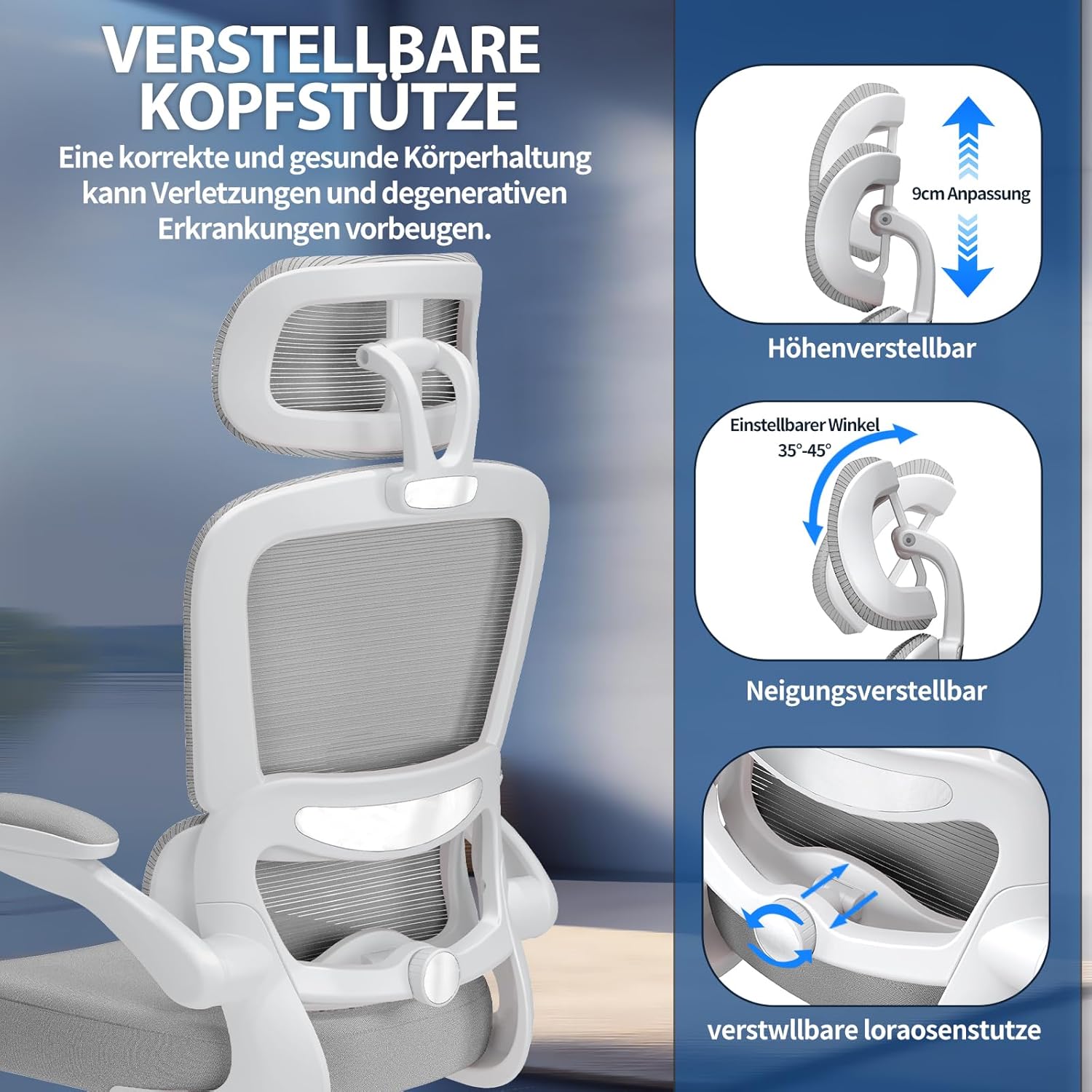 TRALT Ergonomischer Bürostuhl mit verstellbarer Lendenwirbelstütze, Kopfstütze, Gaming-Stuhl, Bürostuhl, Schreibtischstuhl, Heimbürostuhl, ergonomisch, 150 kg, für große Menschen, Grau – Bild 4