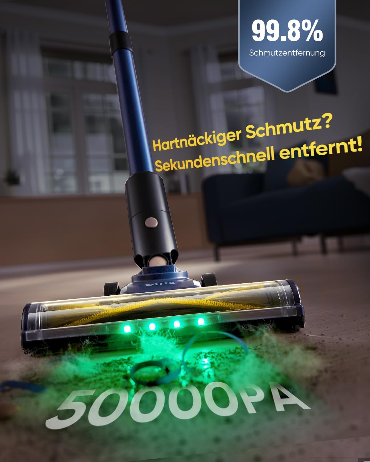 Vexilar Akku-Staubsauger 50.000 Pa/450 W/50 Min, kabelloser Staubsauger mit grüner LED, leichter 6-in-1 Akku-Staubsauger für Teppiche, Hartböden, Vorhänge, Auto, Tierhaare – Bild 4