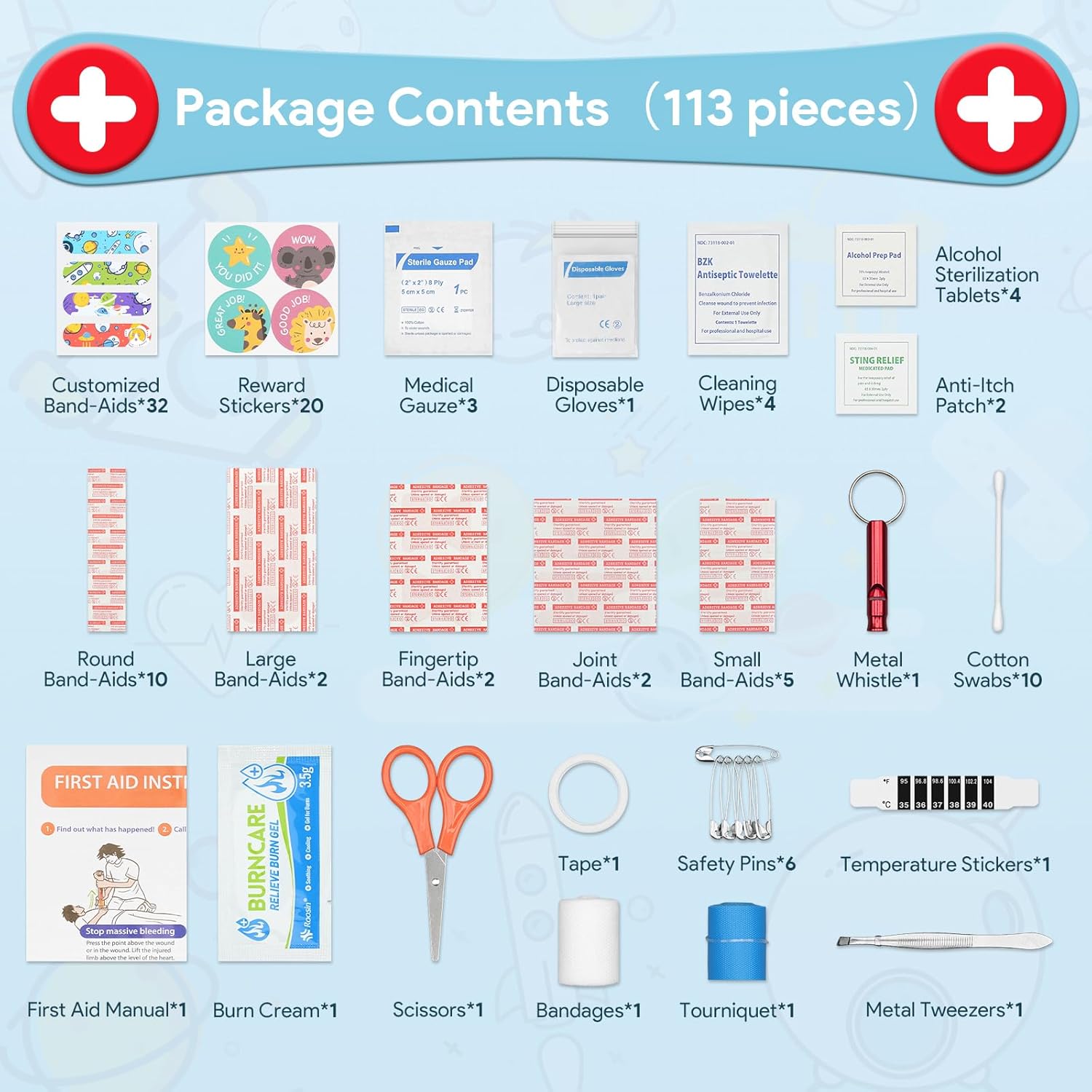 Erste-Hilfe-Set für Kinder, wasserdicht, 113 Teile, kompaktes und niedliches Erste-Hilfe-Set für Zuhause, Auto, Reisen, Wandern und Sport – Gelb – Bild 2